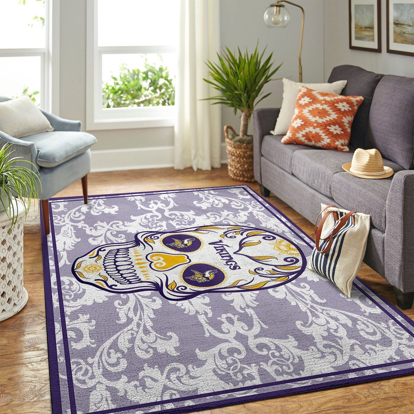 Minnesota Vikings Nfl Team Logo Skull Flower Style Nice Gift Home Decor Rectangle Area Rug - Indoor Outdoor Rugs