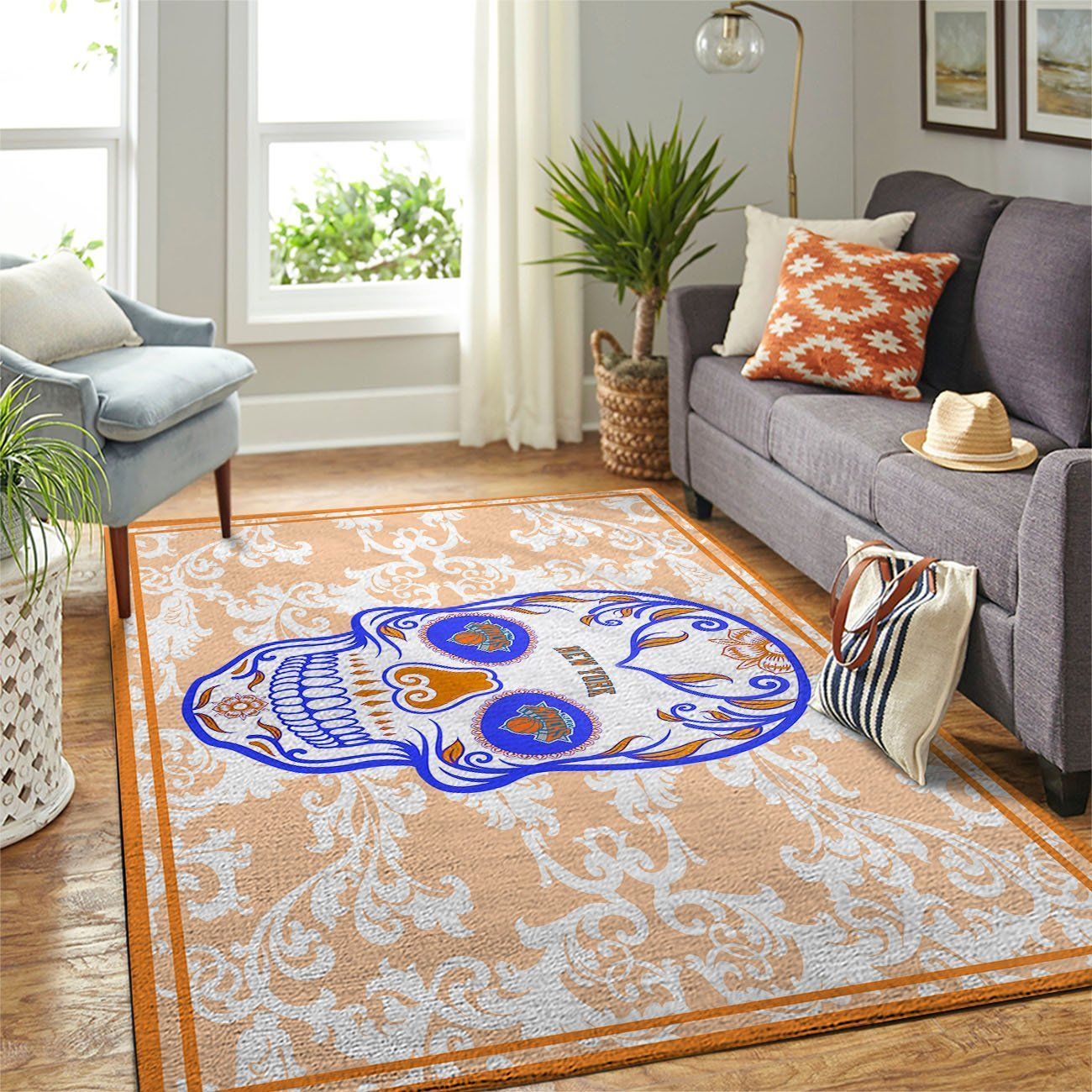 New York Knicks Nba Team Logo Skull Flower Style Nice Gift Home Decor Rectangle Area Rug - Indoor Outdoor Rugs