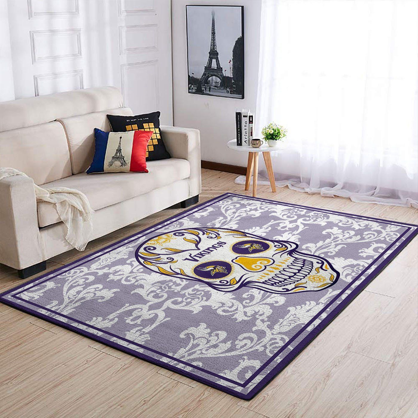 Minnesota Vikings Nfl Team Logo Skull Flower Style Nice Gift Home Decor Rectangle Area Rug - Indoor Outdoor Rugs