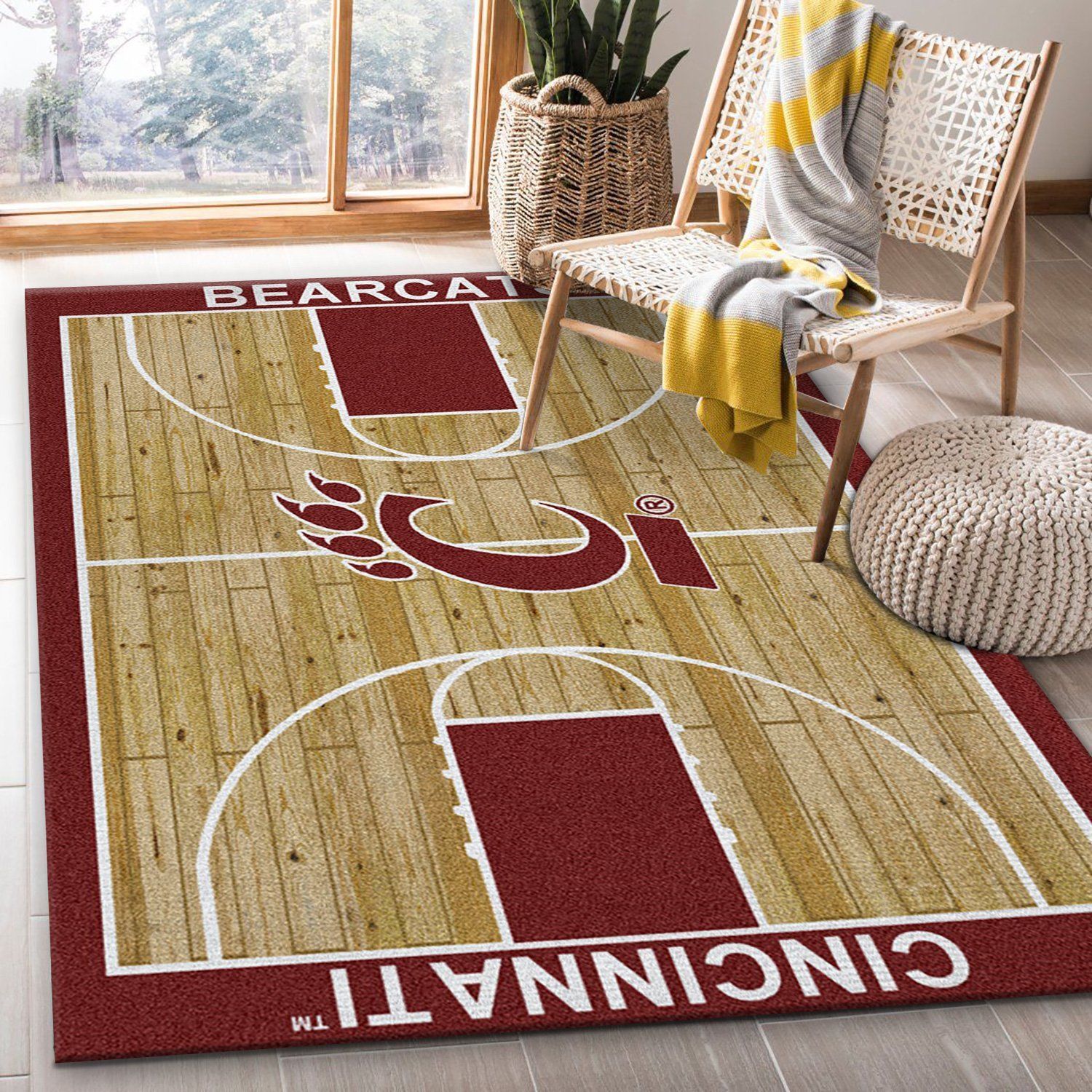 College Home Court Cincinnati Basketball Team Logo Area Rug, Living Room Rug, US Gift Decor - Indoor Outdoor Rugs