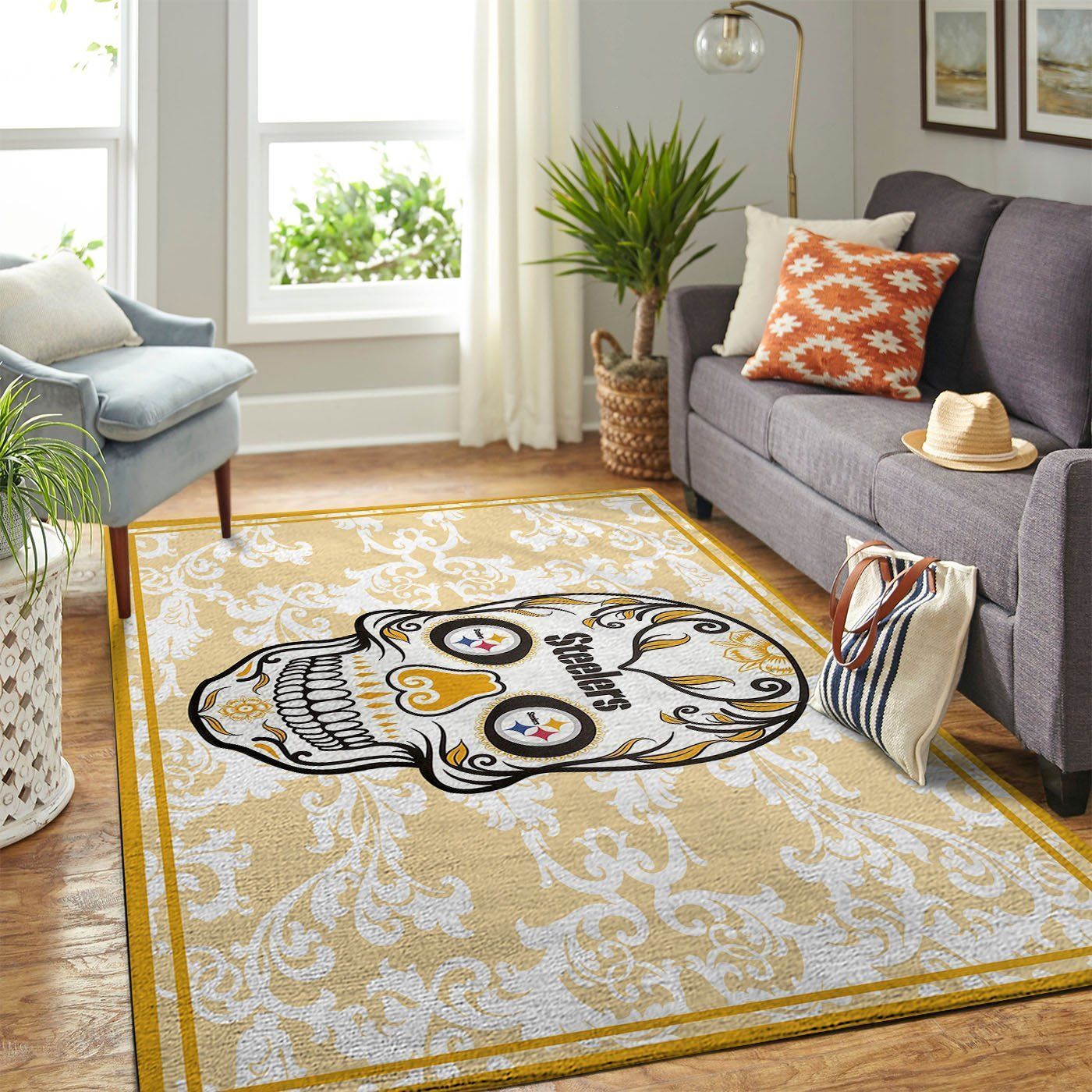 Pittsburgh Steelers Nfl Team Logo Skull Flower Style Nice Gift Home Decor Rectangle Area Rug - Indoor Outdoor Rugs