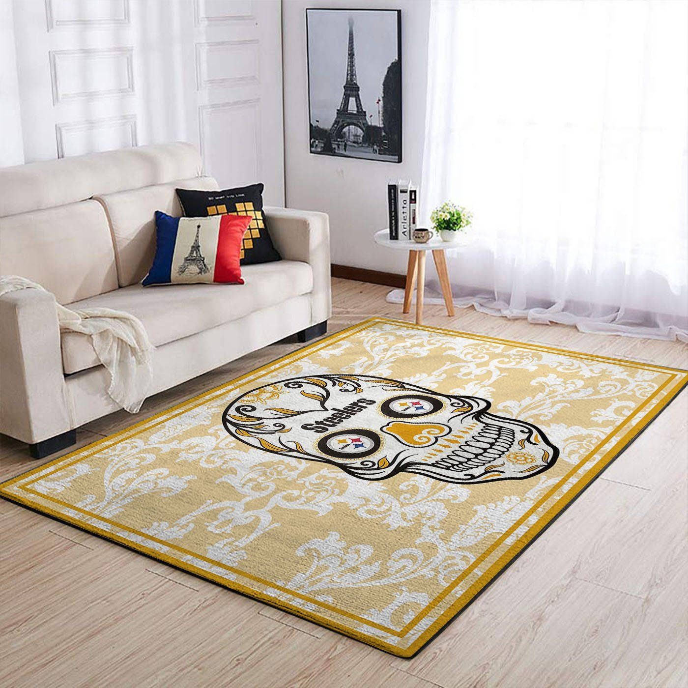 Pittsburgh Steelers Nfl Team Logo Skull Flower Style Nice Gift Home Decor Rectangle Area Rug - Indoor Outdoor Rugs