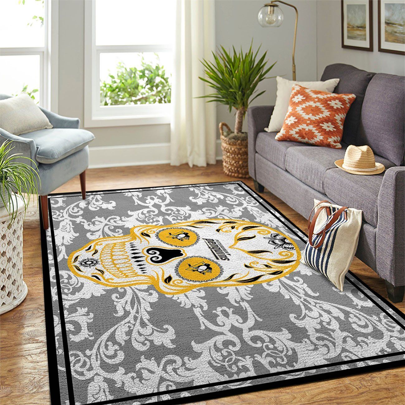 Pittsburgh Penguins Nhl Team Logo Skull Flower Style Nice Gift Home Decor Rectangle Area Rug - Indoor Outdoor Rugs