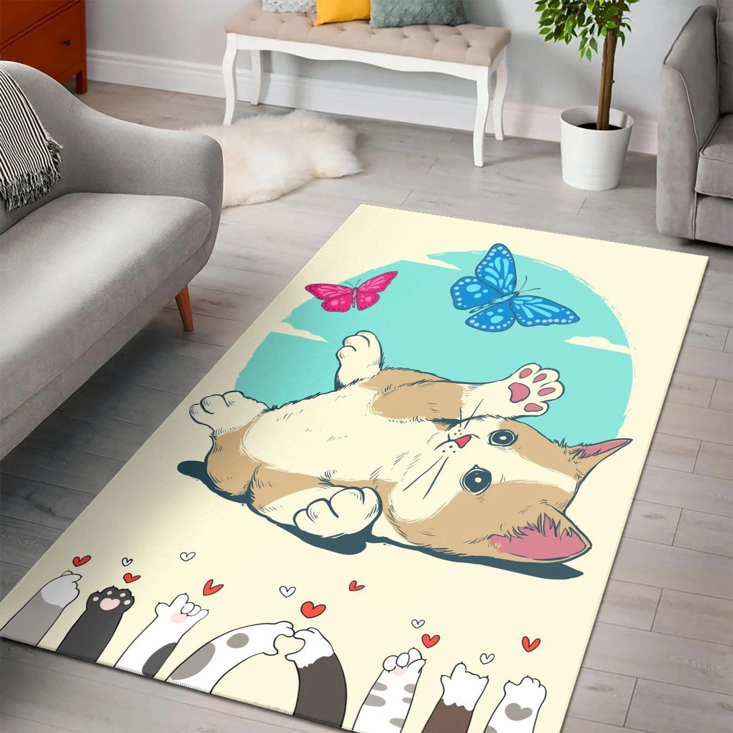 Cat Play With Butterfly  Living Room Area Rug,  Christmas Gift, Floor Decor Home Decor - Indoor Outdoor Rugs