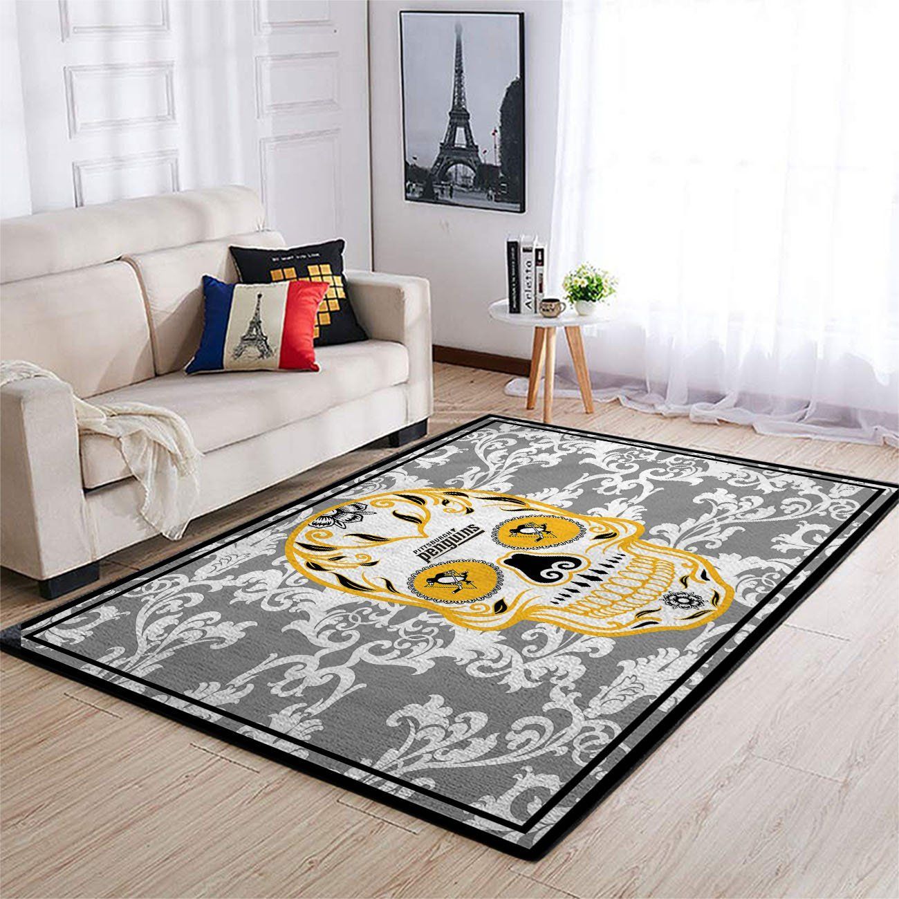 Pittsburgh Penguins Nhl Team Logo Skull Flower Style Nice Gift Home Decor Rectangle Area Rug - Indoor Outdoor Rugs