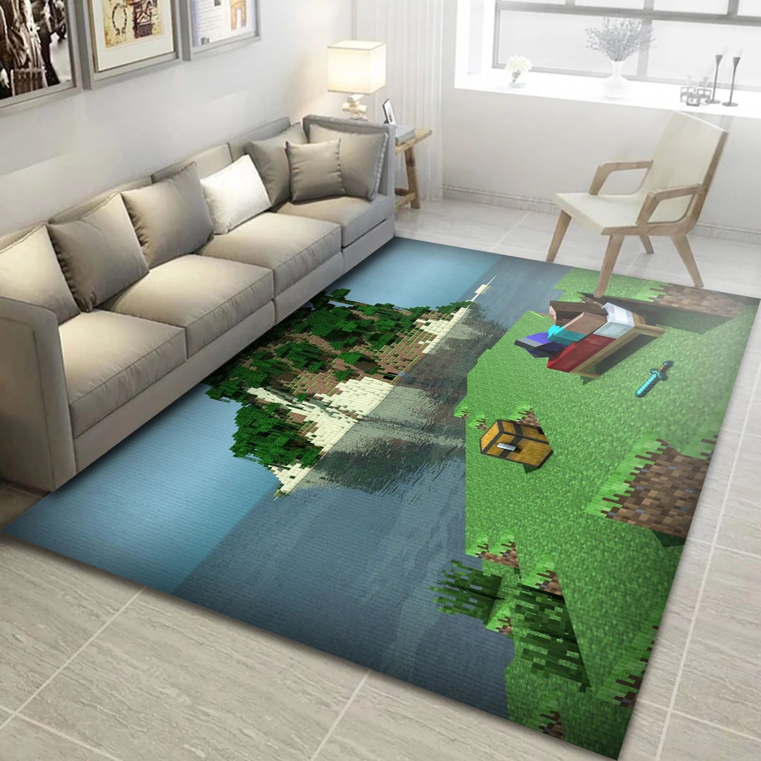 Minecraft Steve Relaxing On A Small Island Video Game Reangle Rug, Bedroom Rug - Home Decor Floor Decor - Indoor Outdoor Rugs