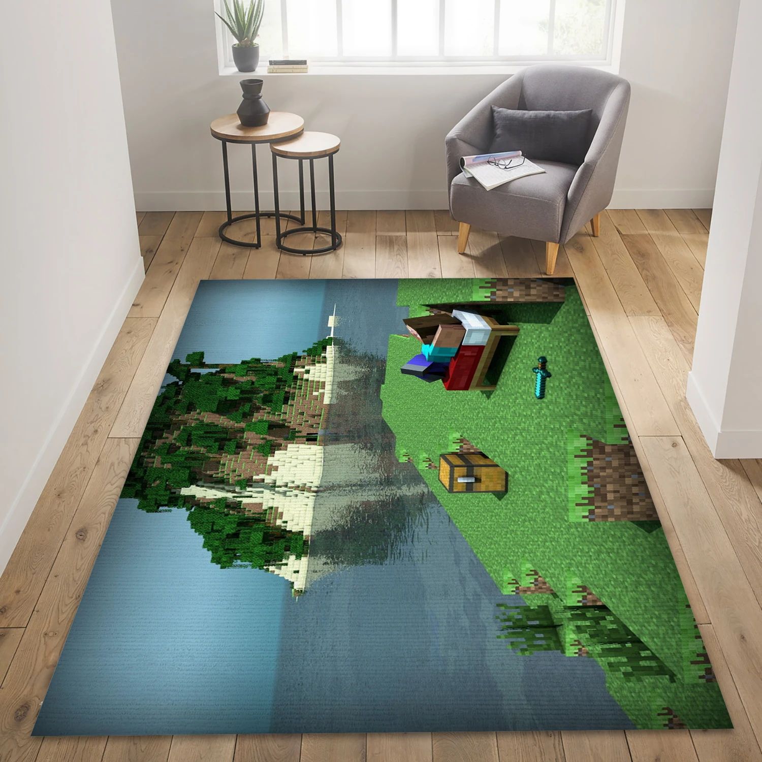 Minecraft Steve Relaxing On A Small Island Video Game Reangle Rug, Bedroom Rug - Home Decor Floor Decor - Indoor Outdoor Rugs