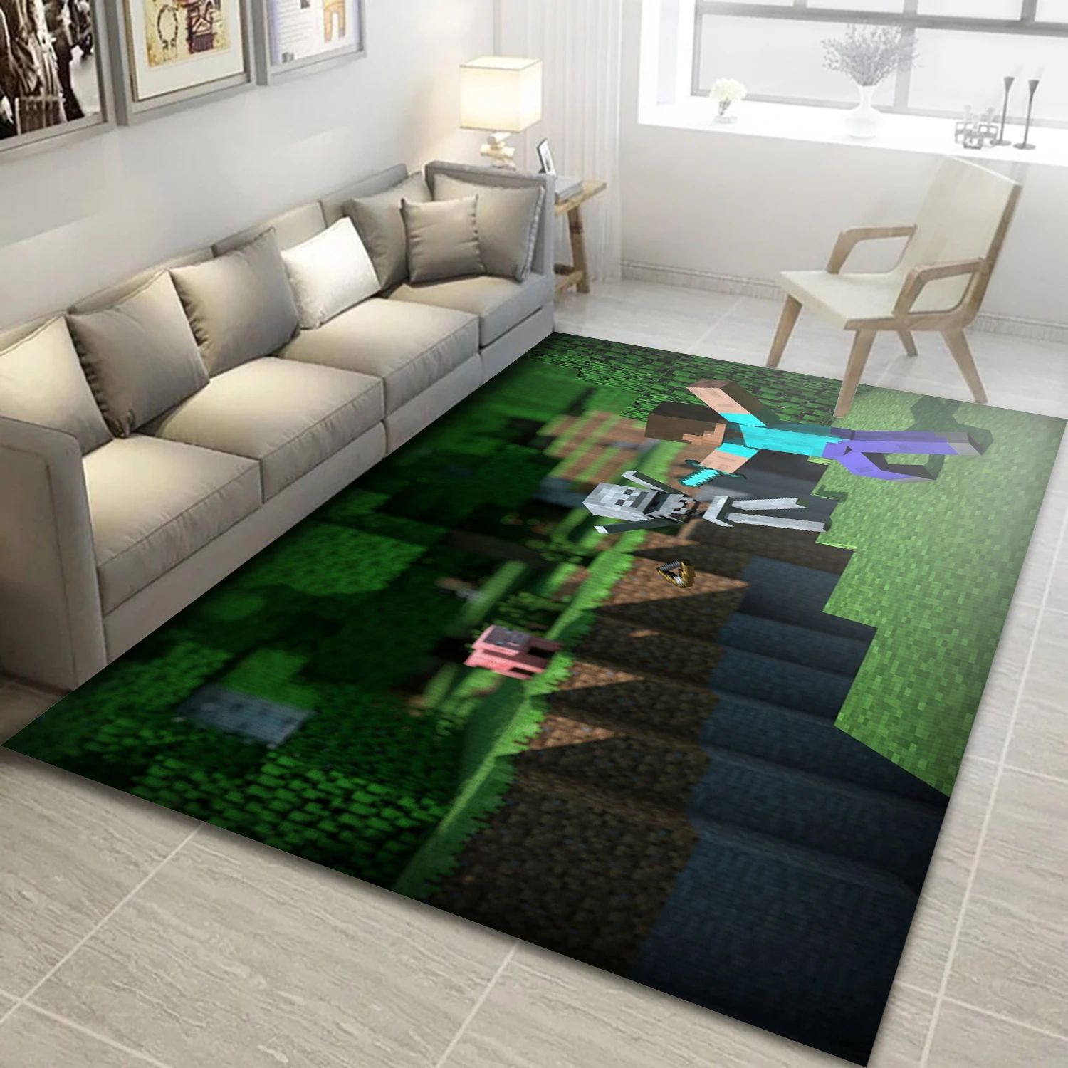 Steve Hitting A Skeleton With A Diamond Sword While A Pig Watches Gaming Area Rug, Area Rug - Home Decor Floor Decor - Indoor Outdoor Rugs