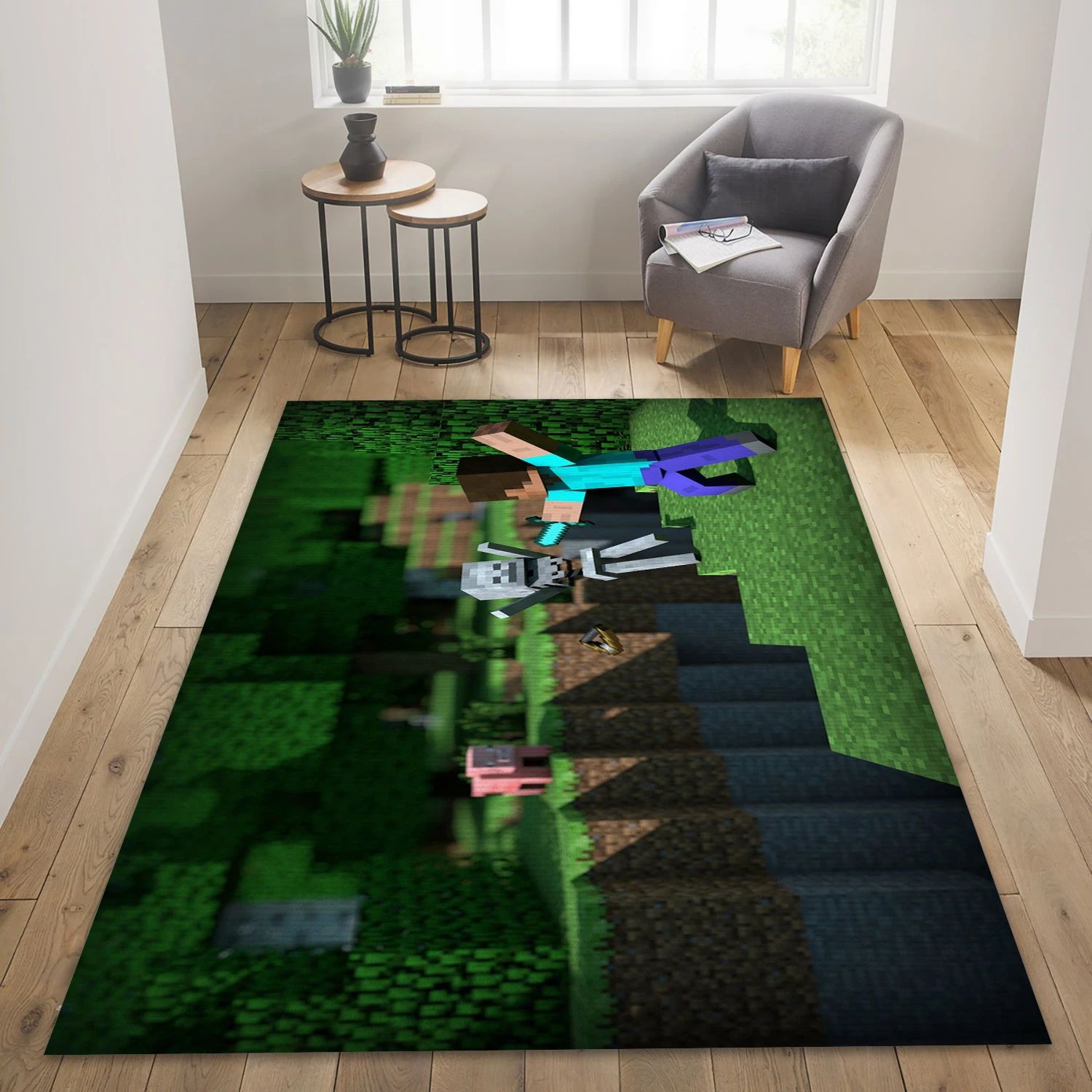 Steve Hitting A Skeleton With A Diamond Sword While A Pig Watches Gaming Area Rug, Area Rug - Home Decor Floor Decor - Indoor Outdoor Rugs