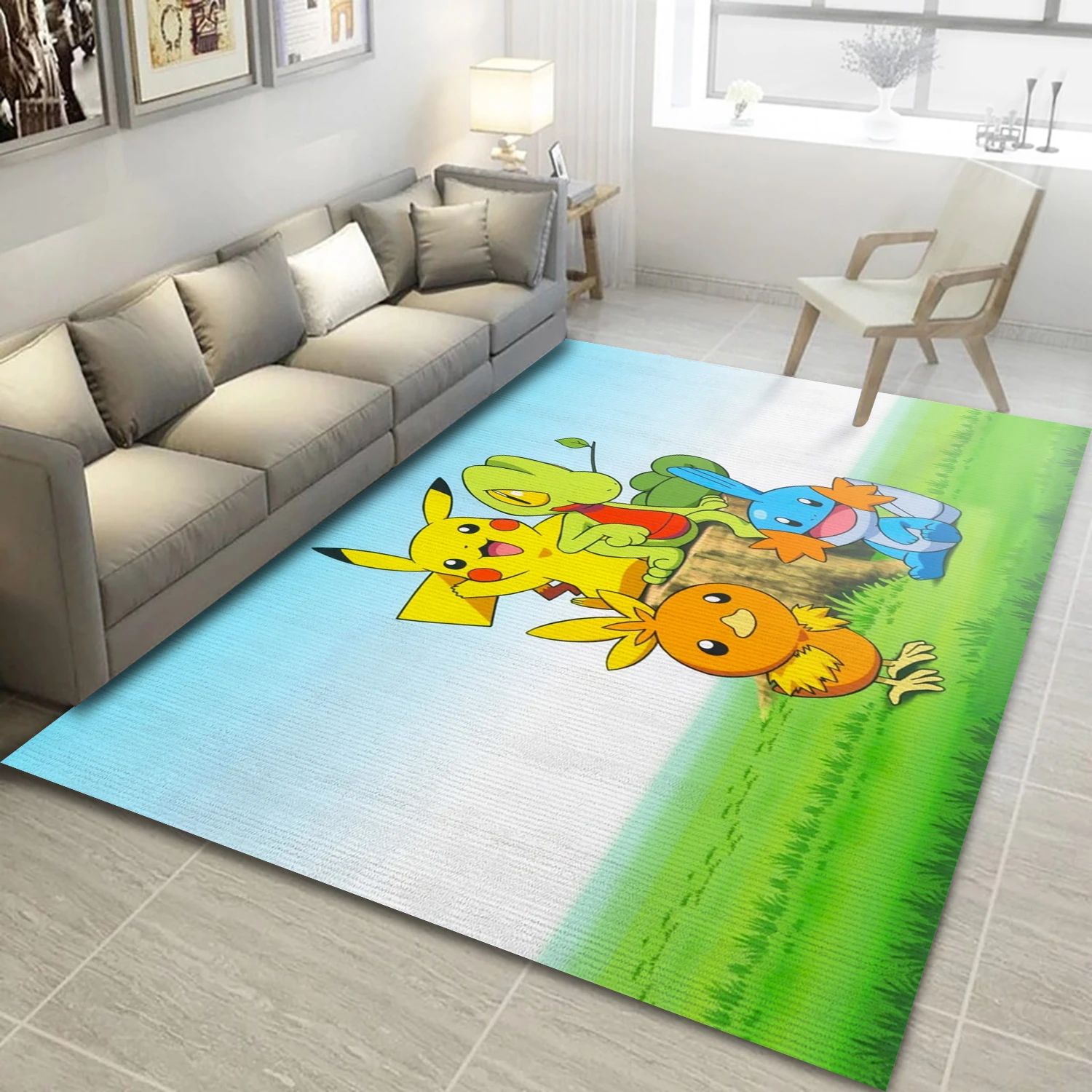 Torchic Pikachu Mudkip And Treecko Near A Tree Stump Video Game Area Rug For Christmas, Area Rug - Christmas Gift Decor - Indoor Outdoor Rugs