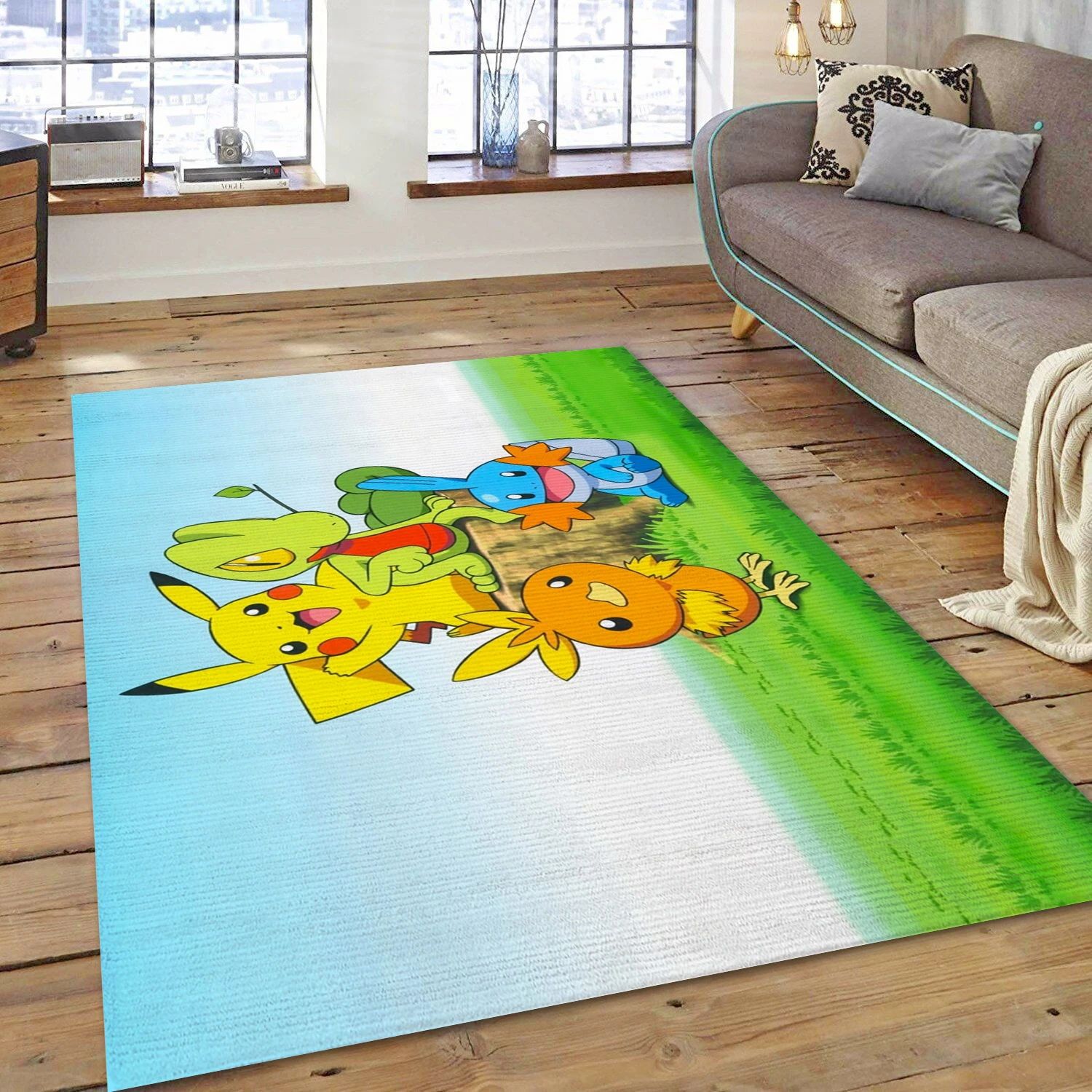 Torchic Pikachu Mudkip And Treecko Near A Tree Stump Video Game Area Rug For Christmas, Area Rug - Christmas Gift Decor - Indoor Outdoor Rugs