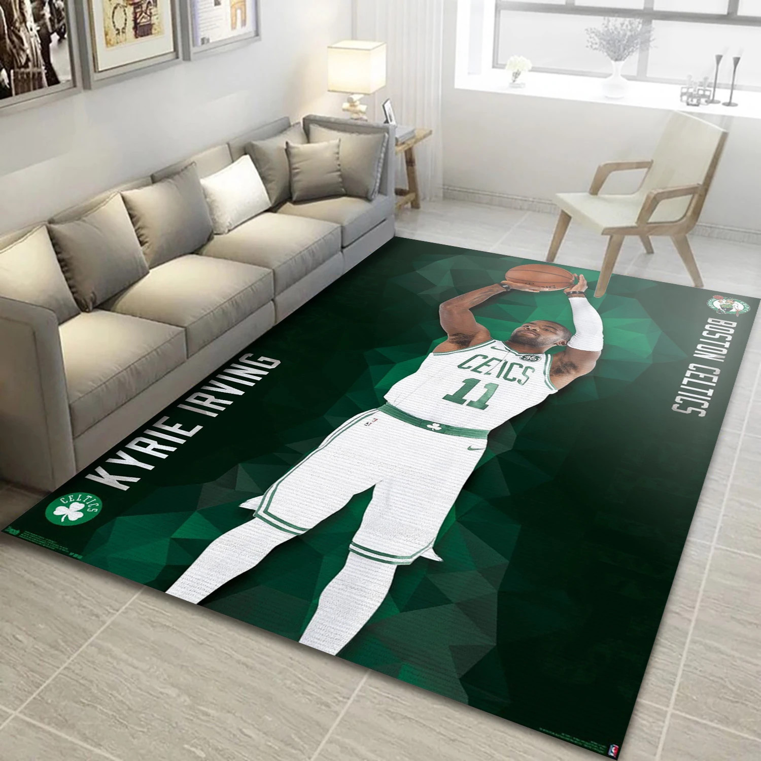 Kyrie Irving Boston Celtics NBA Reangle Area Rug, Living Room Rug - Home Decor - Indoor Outdoor Rugs