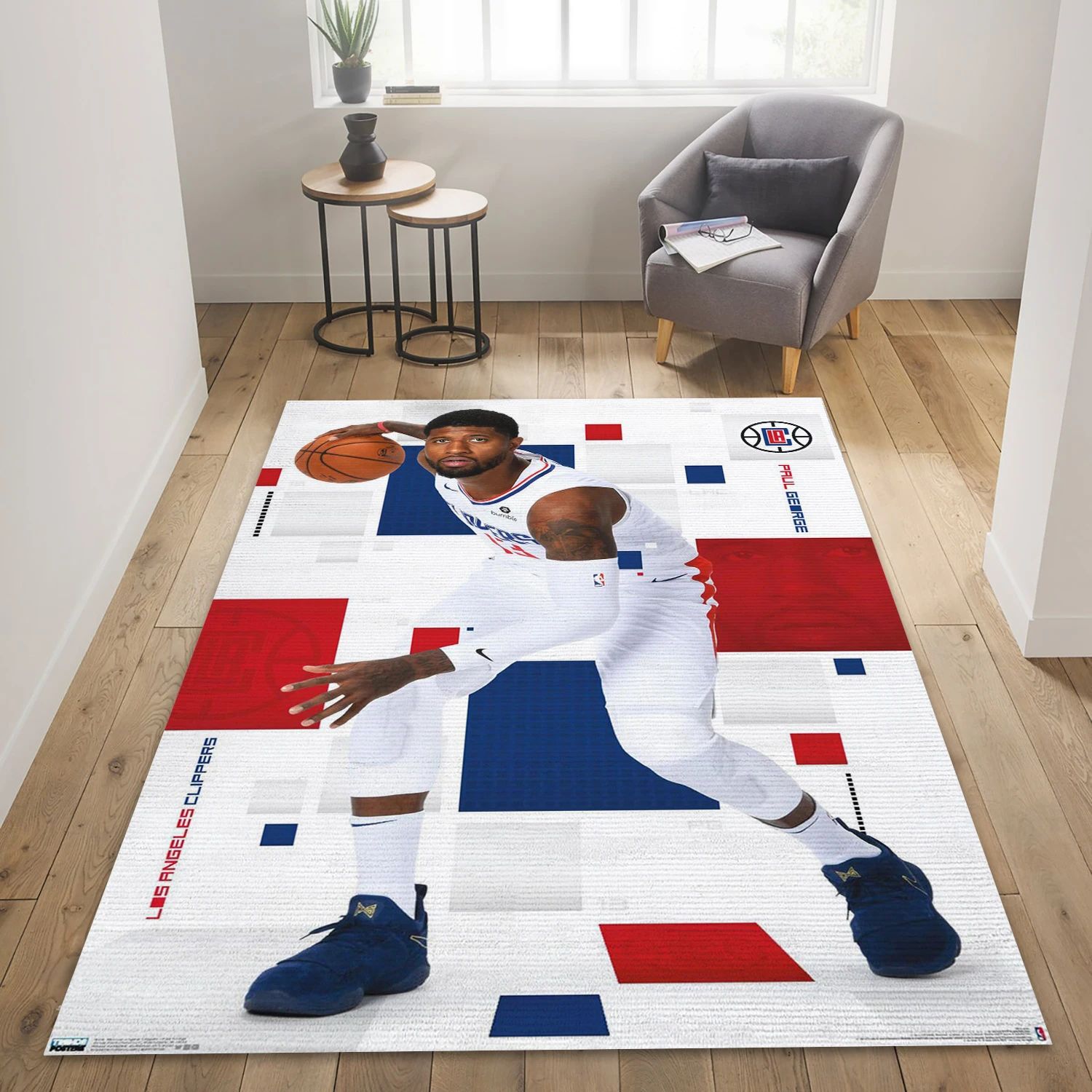 Paul George La Clippers NBA Team Logos Area Rug, Living Room Rug - Room Decor - Indoor Outdoor Rugs