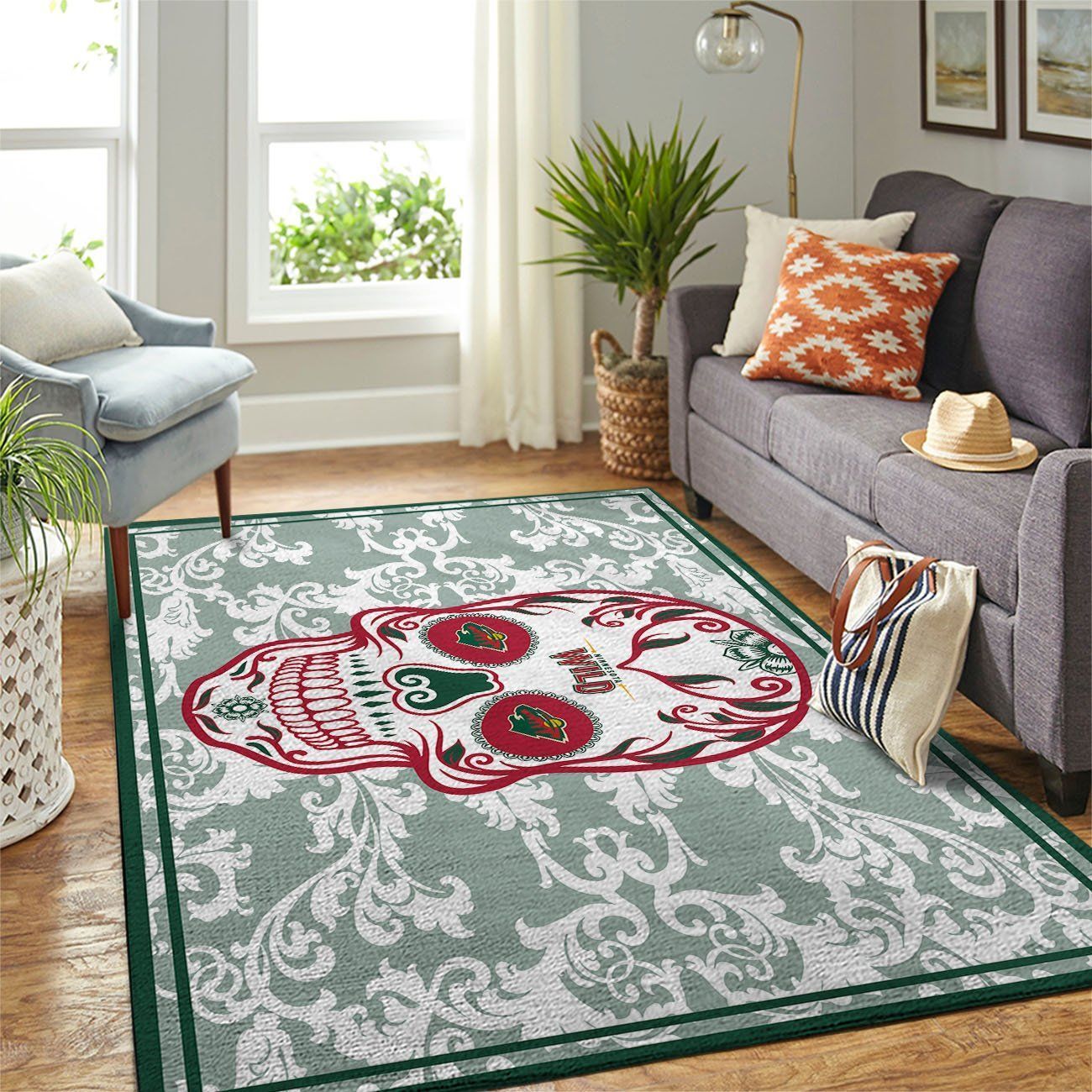 Minnesota Wild Nhl Team Logo Skull Flower Style Nice Gift Home Decor Rectangle Area Rug - Indoor Outdoor Rugs