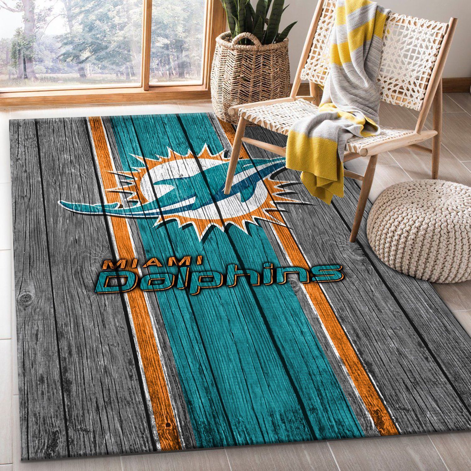 Miami Dolphins NFL Team Logo Wooden Style Style Nice Gift Home Decor Rectangle Area Rug - Indoor Outdoor Rugs