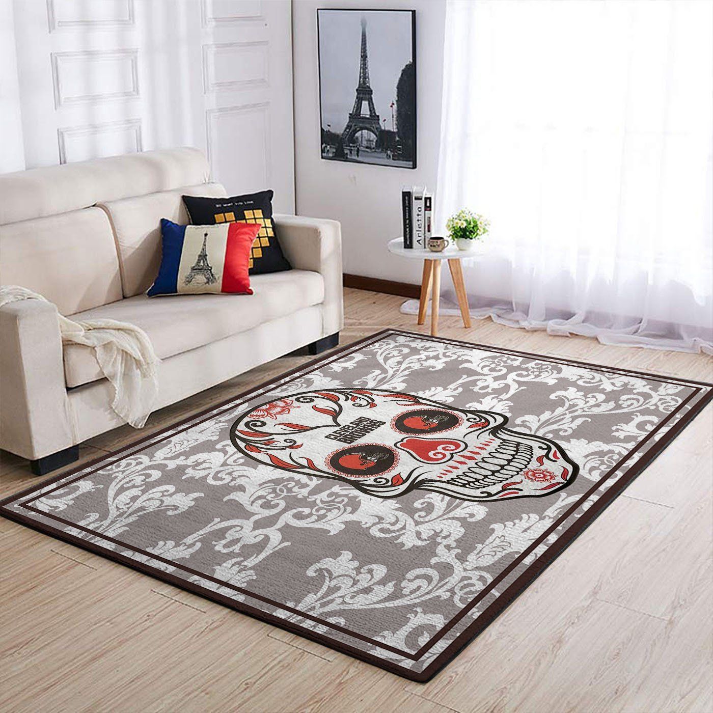 Cleveland Browns Nfl Team Logo Skull Flower Style Nice Gift Home Decor Rectangle Area Rug - Indoor Outdoor Rugs