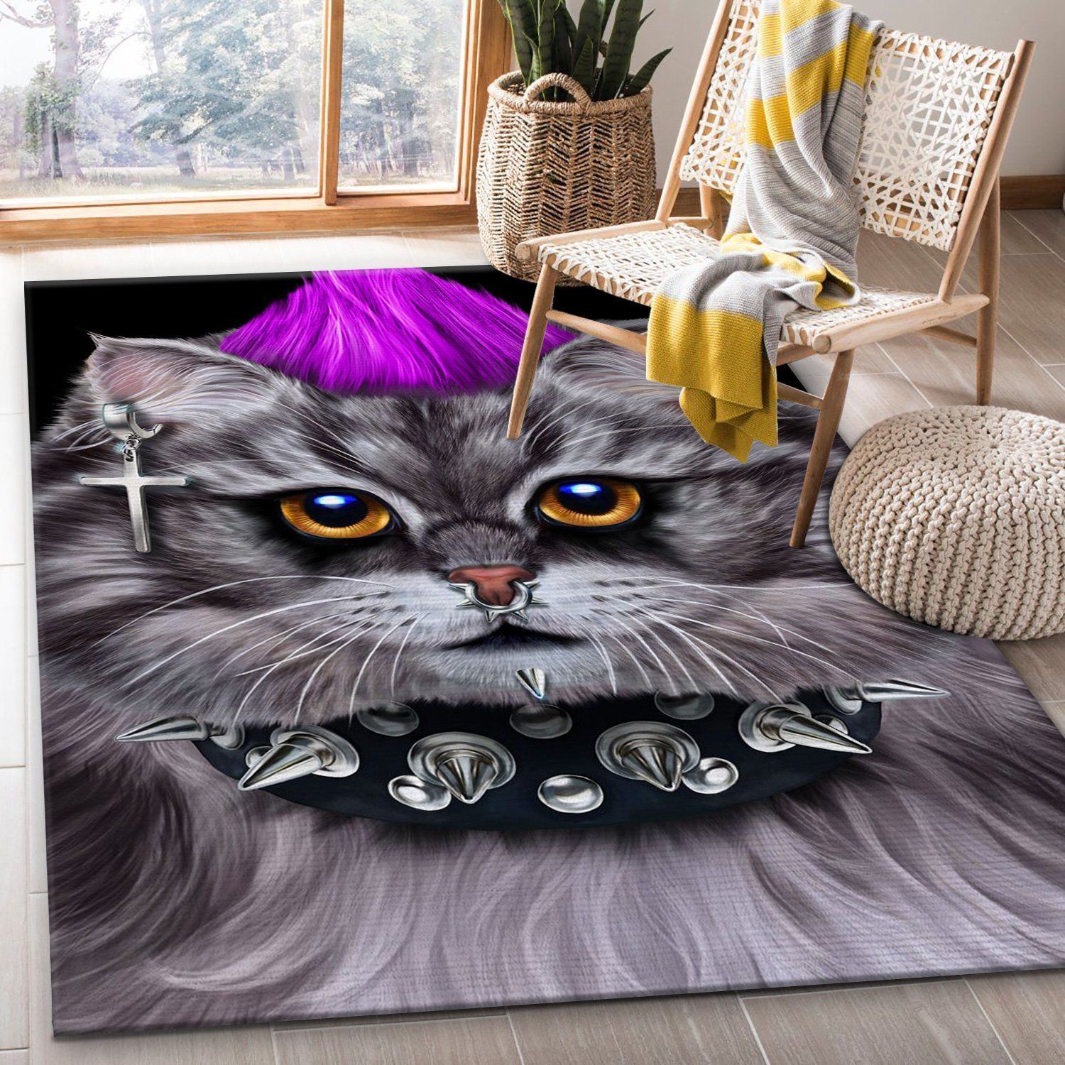 Punk Rock Cat With Mohawk Area Rug For Christmas Bedroom Home US Decor - Indoor Outdoor Rugs