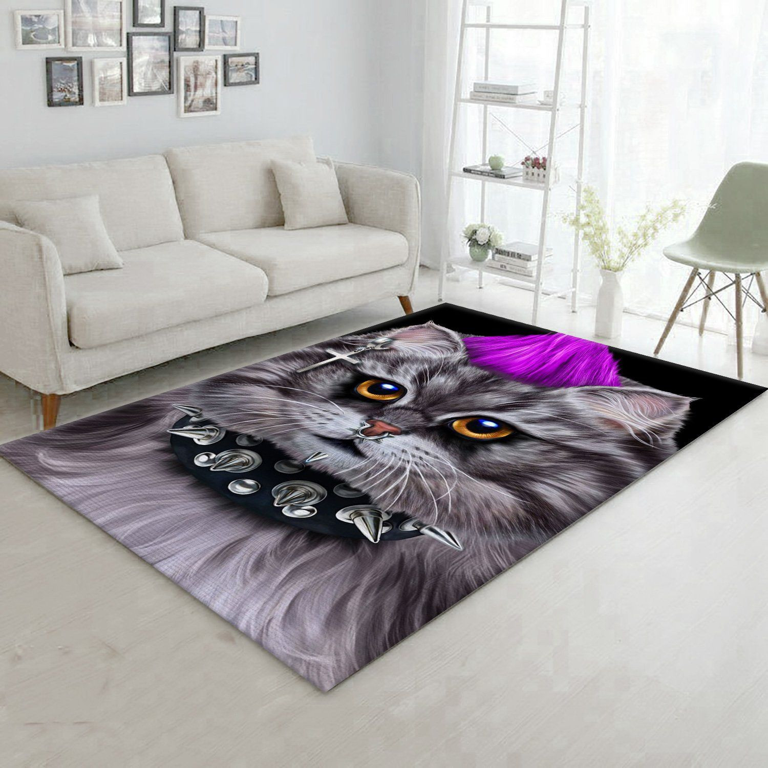 Punk Rock Cat With Mohawk Area Rug For Christmas Bedroom Home US Decor - Indoor Outdoor Rugs