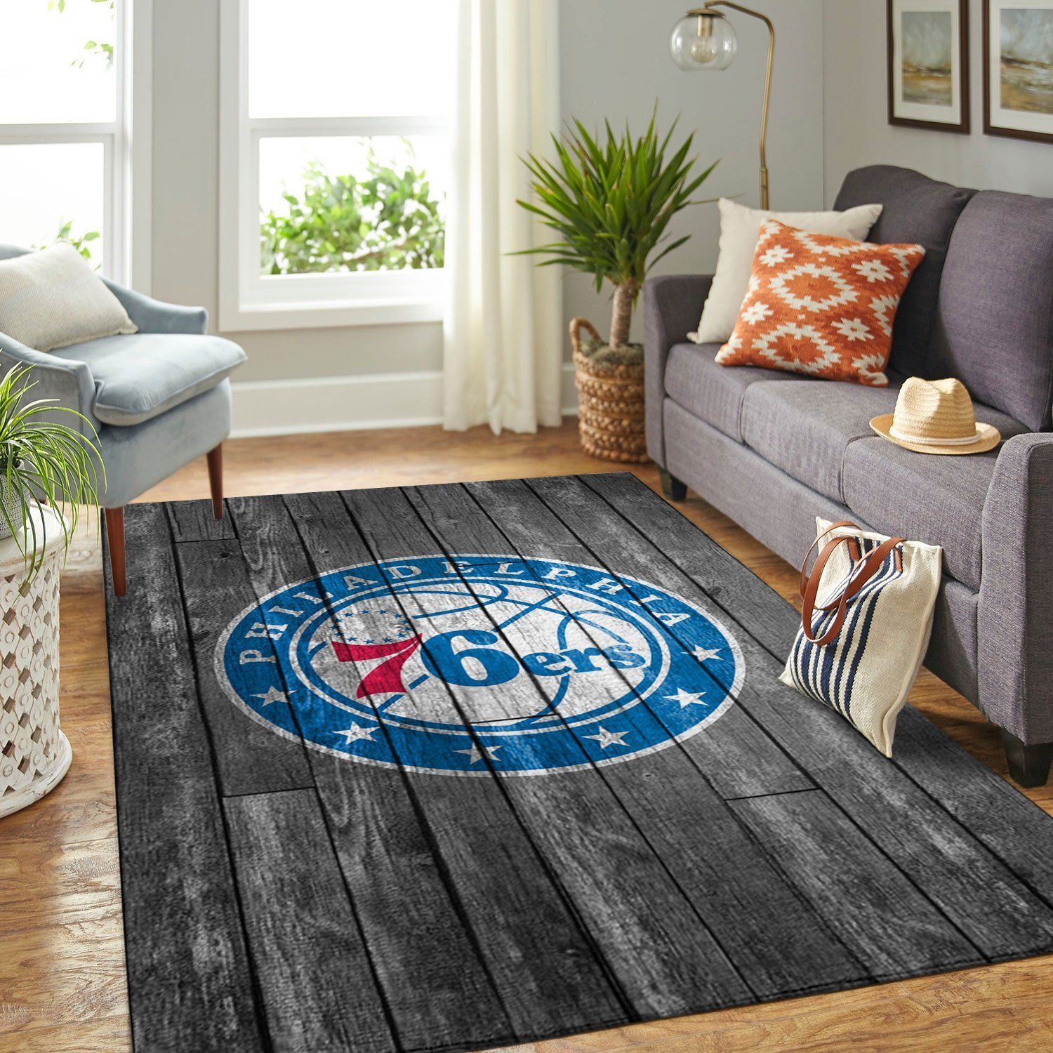 Philadelphia 76ers Nba Team Logo Grey Wooden Style Nice Gift Home Decor Rectangle Area Rug - Indoor Outdoor Rugs