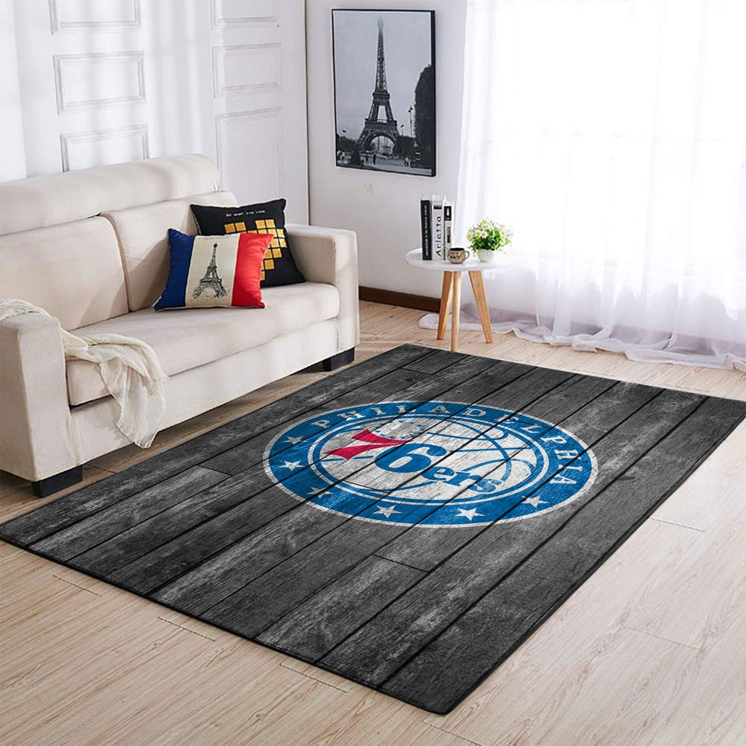 Philadelphia 76ers Nba Team Logo Grey Wooden Style Nice Gift Home Decor Rectangle Area Rug - Indoor Outdoor Rugs