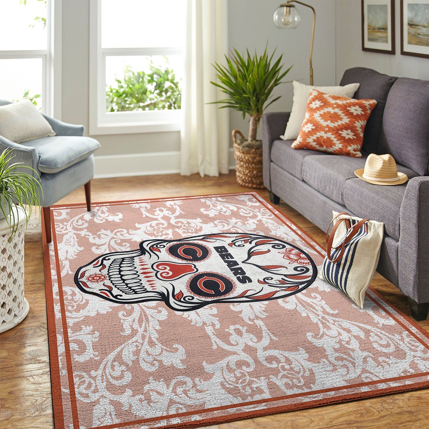 Chicago Bears Nfl Team Logo Skull Flower Style Nice Gift Home Decor Rectangle Area Rug - Indoor Outdoor Rugs