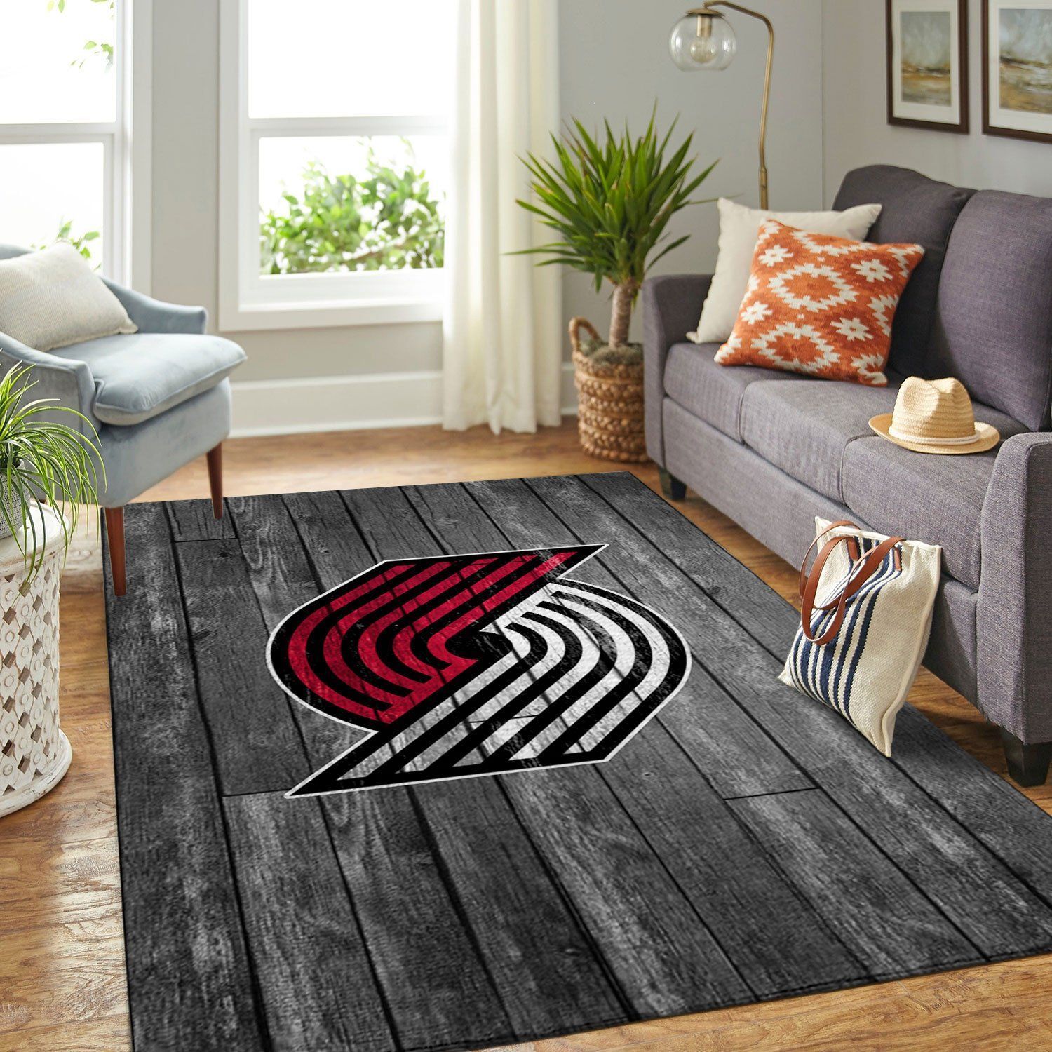 Portland Trailblazers Nba Team Logo Grey Wooden Style Nice Gift Home Decor Rectangle Area Rug - Indoor Outdoor Rugs