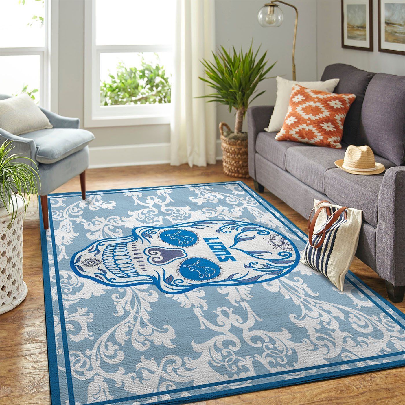 Detroit Lions Nfl Team Logo Skull Flower Style Nice Gift Home Decor Rectangle Area Rug - Indoor Outdoor Rugs