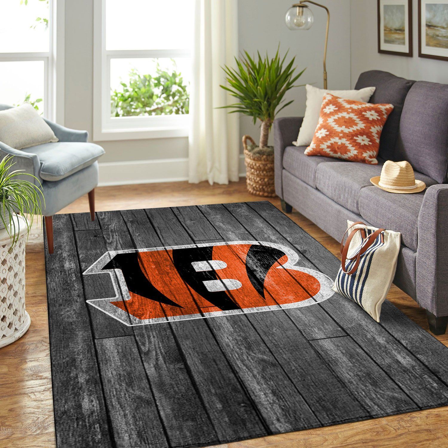 Cincinnati Bengals Nfl Team Logo Grey Wooden Style Style Nice Gift Home Decor Rectangle Area Rug - Indoor Outdoor Rugs