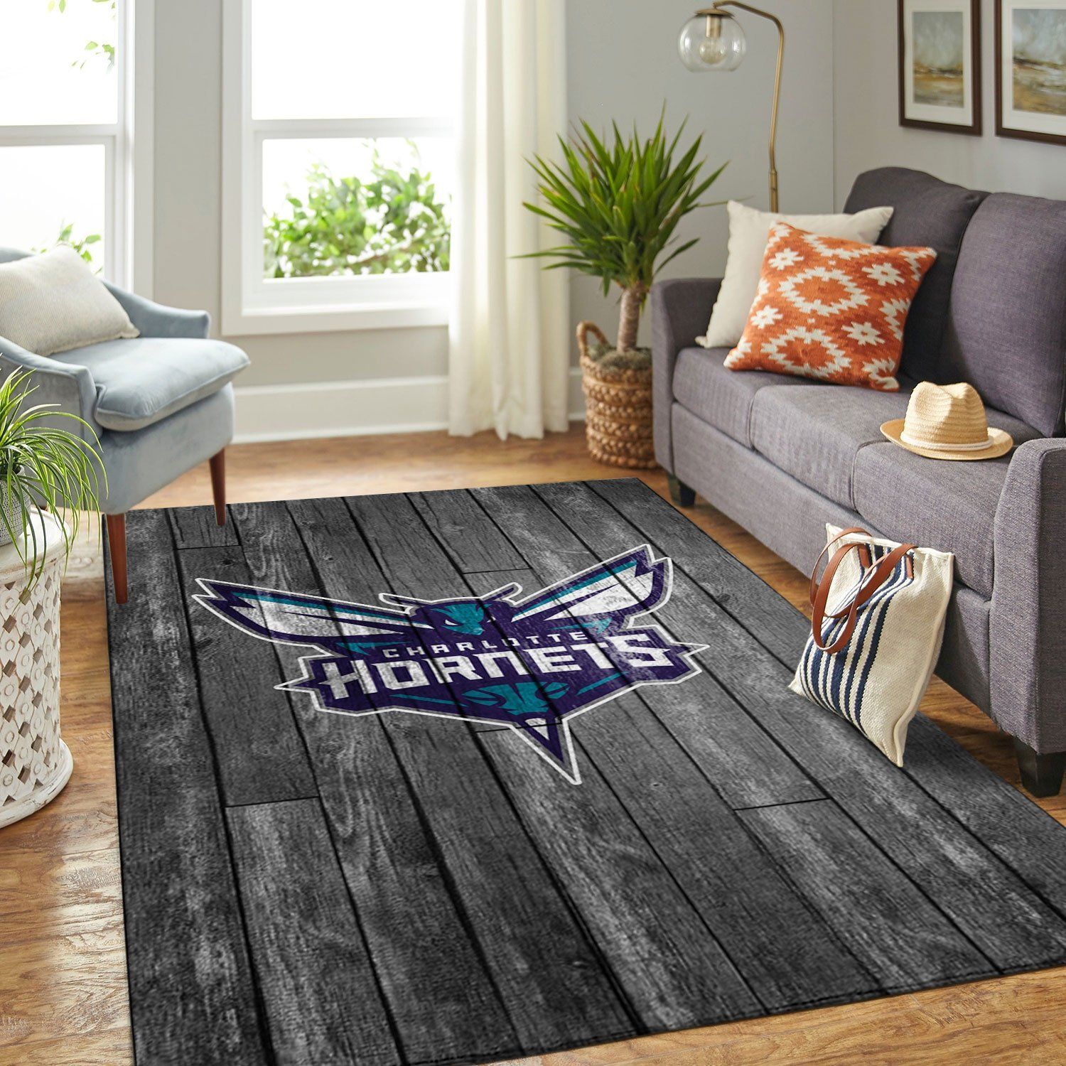 Charlotte Hornets Nba Team Logo Grey Wooden Style Nice Gift Home Decor Rectangle Area Rug - Indoor Outdoor Rugs