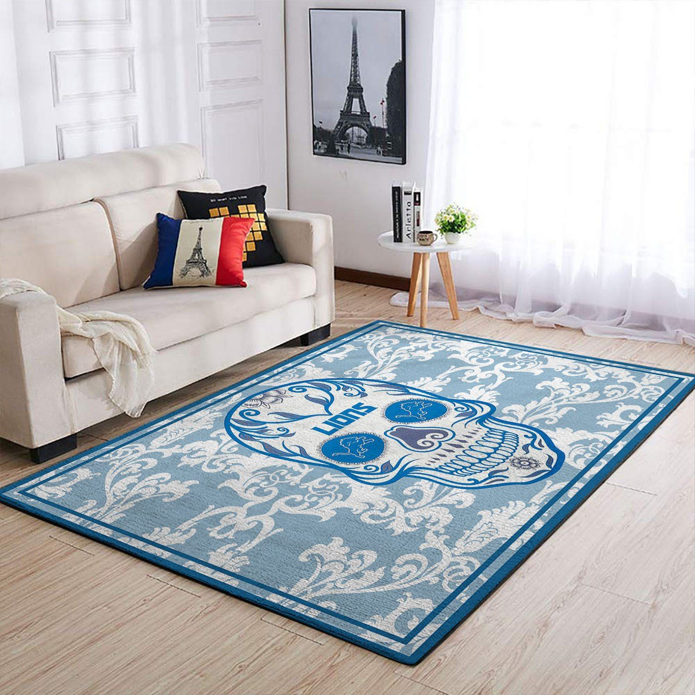 Detroit Lions Nfl Team Logo Skull Flower Style Nice Gift Home Decor Rectangle Area Rug - Indoor Outdoor Rugs