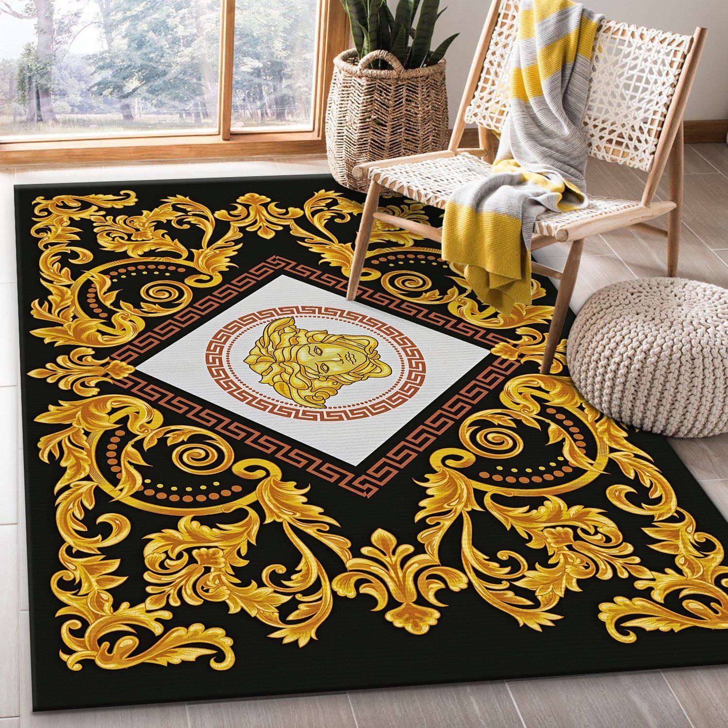 Versace Fashion Brand Logo Gold Area Rugs Living Room Carpet FN251147 Christmas Gift Floor Decor The US Decor - Indoor Outdoor Rugs