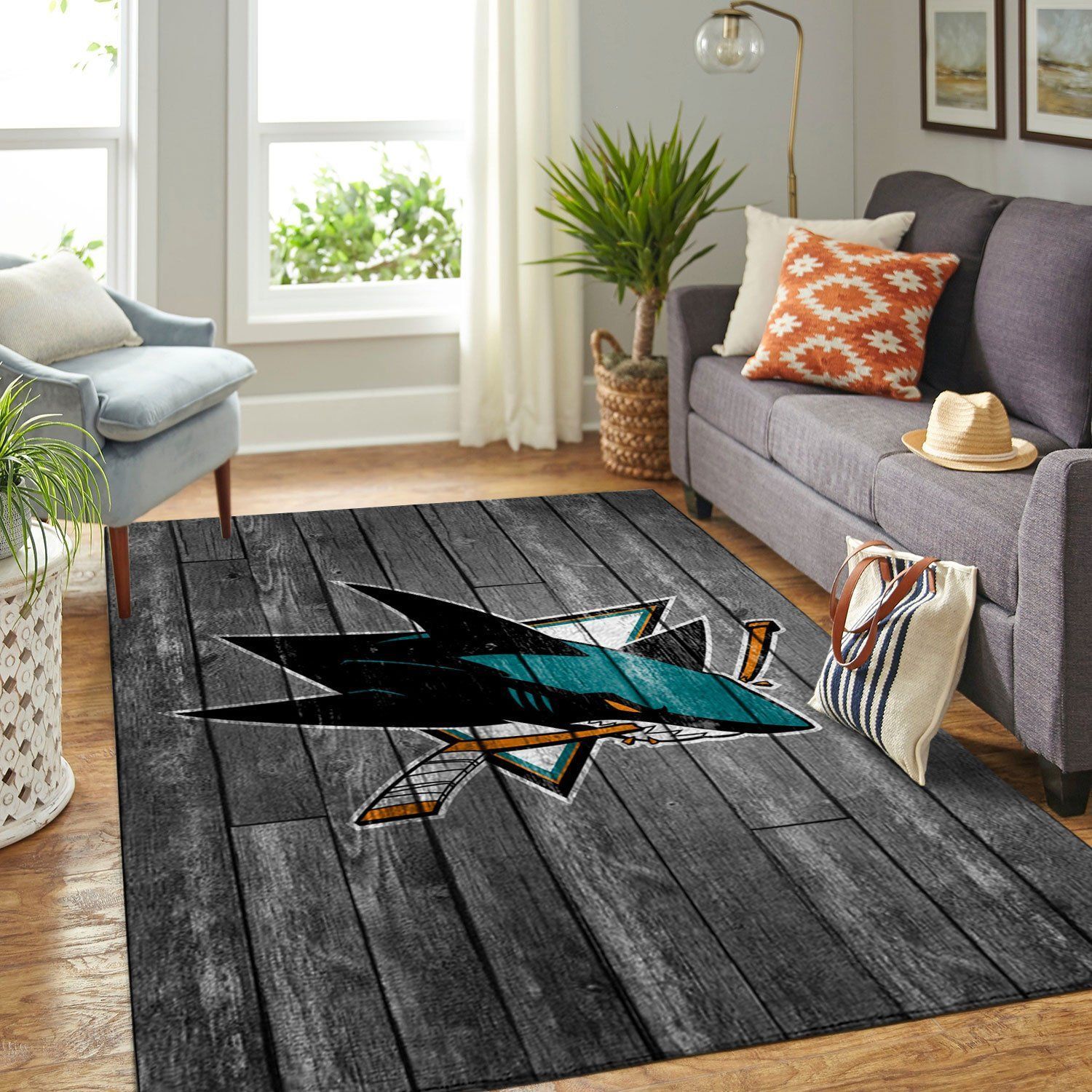 San Jose Sharks Nhl Team Logo Grey Wooden Style Nice Gift Home Decor Rectangle Area Rug - Indoor Outdoor Rugs