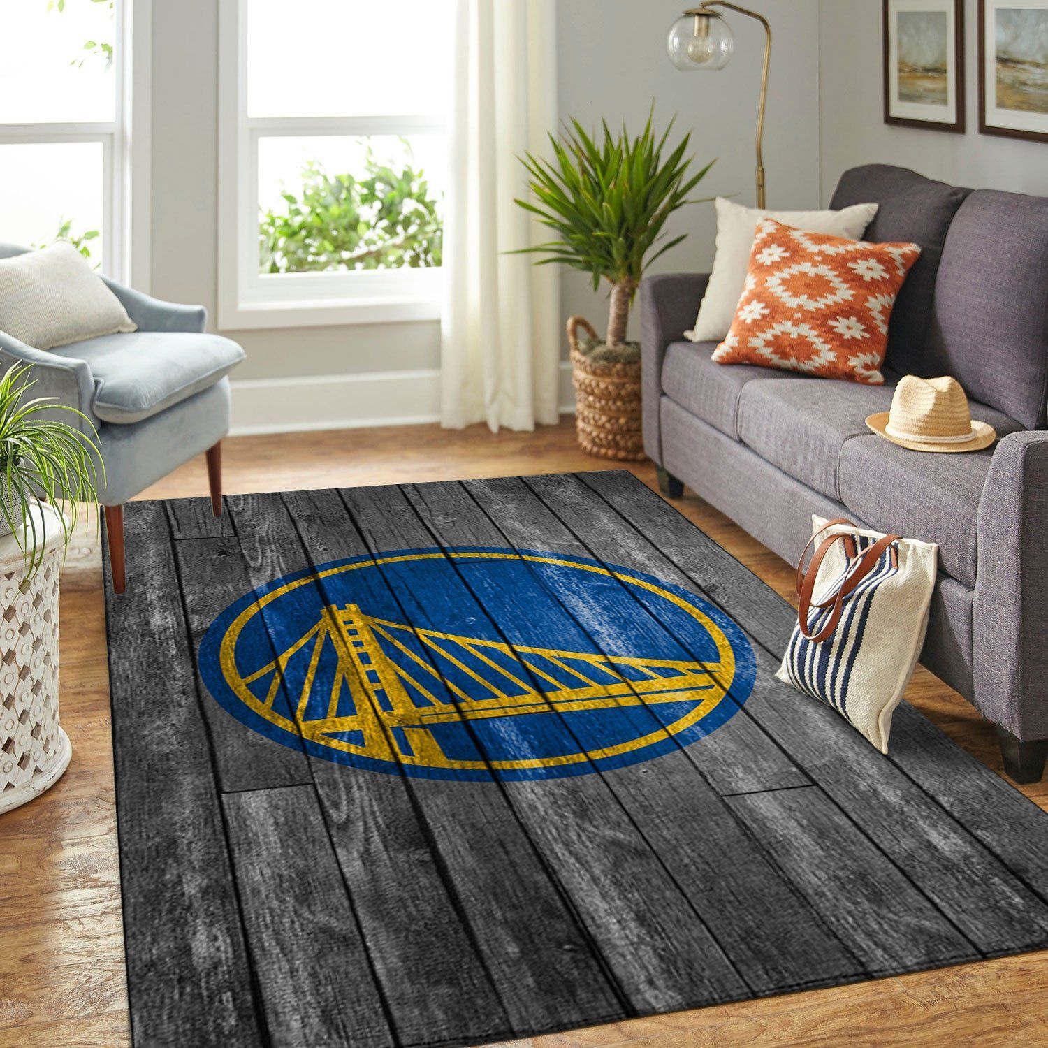 Golden State Warriors Nba Team Logo Grey Wooden Style Nice Gift Home Decor Rectangle Area Rug - Indoor Outdoor Rugs