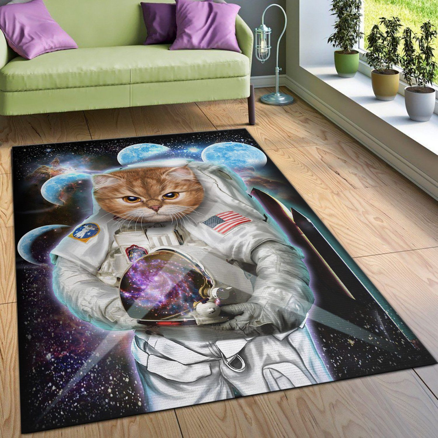 Astronaut Cat Explore Moon Area Rug Carpet Bedroom Home US Decor - Indoor Outdoor Rugs