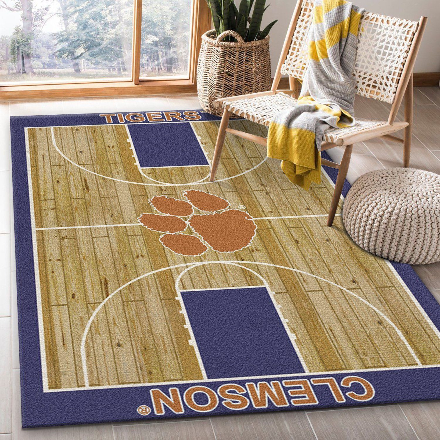 College Home Court Clemson Basketball Team Logo Area Rug, Living Room Rug, Home Decor Floor Decor - Indoor Outdoor Rugs