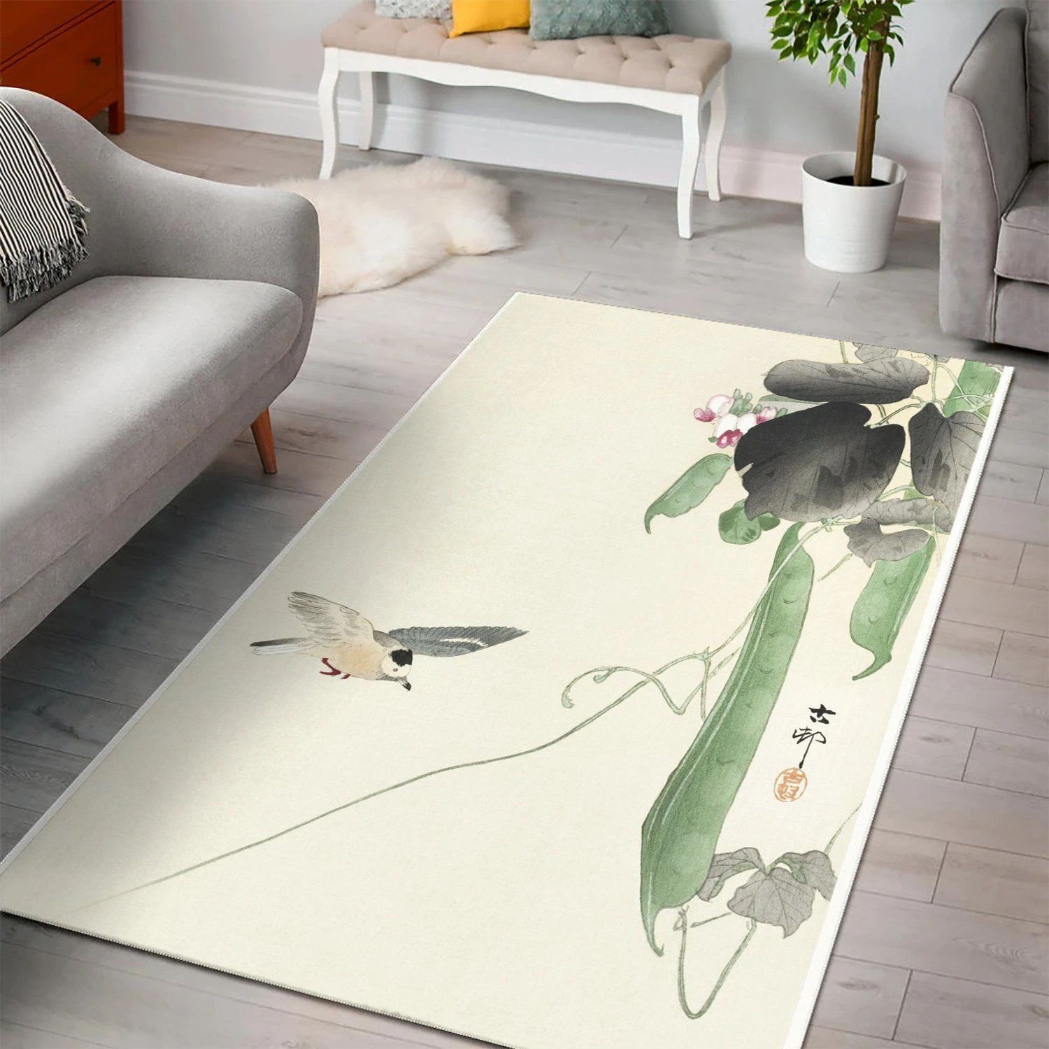 Bird At Flowering Bean Pla  Living Room Area Rug,  Room Rugs, Floor Decor Home Decor - Indoor Outdoor Rugs