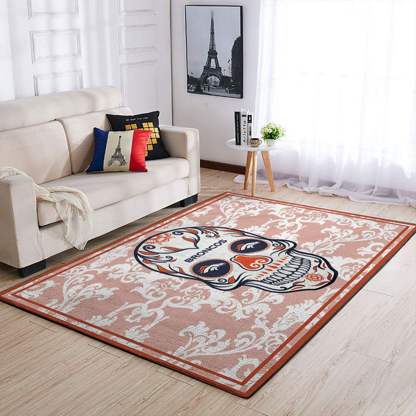 Denver Broncos Nfl Team Logo Skull Flower Style Nice Gift Home Decor Rectangle Area Rug - Indoor Outdoor Rugs