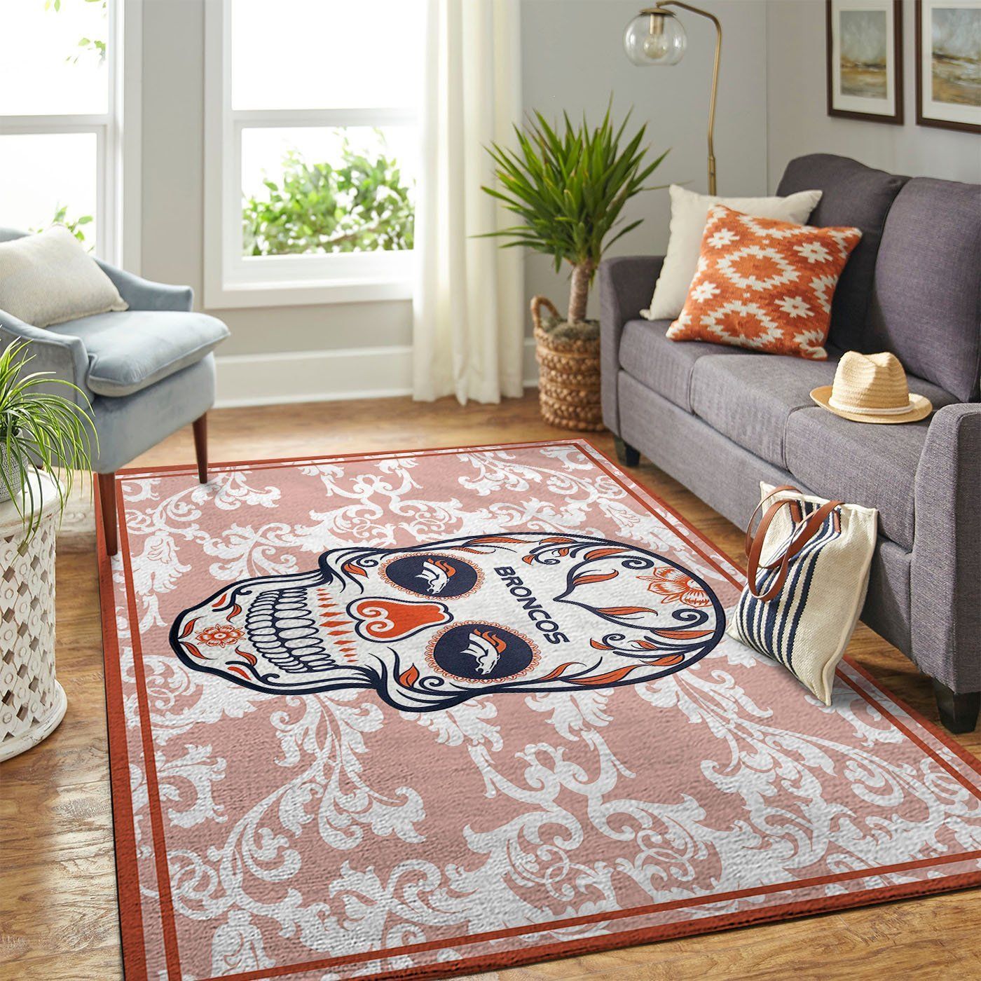 Denver Broncos Nfl Team Logo Skull Flower Style Nice Gift Home Decor Rectangle Area Rug - Indoor Outdoor Rugs