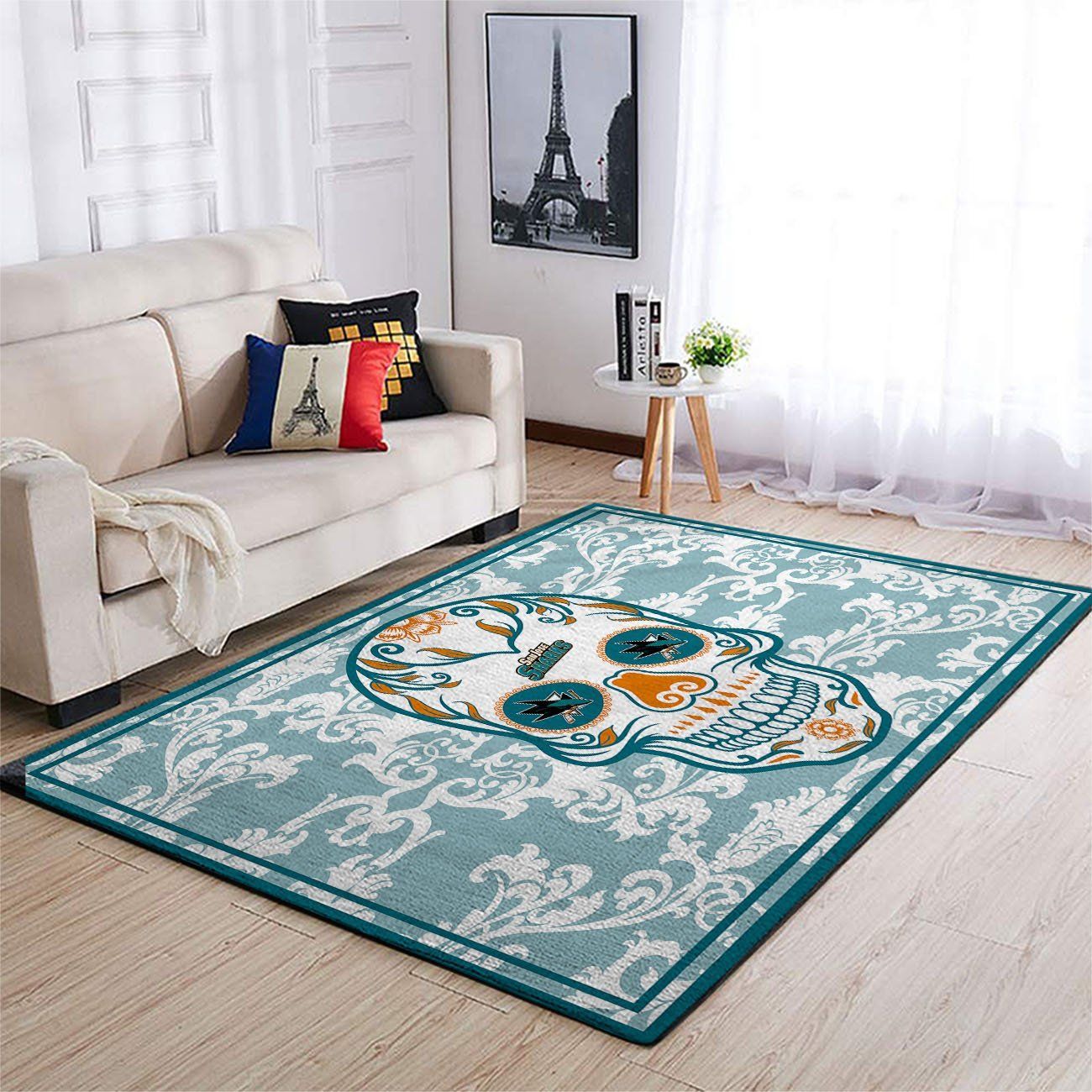 San Jose Sharks Nhl Team Logo Skull Flower Style Nice Gift Home Decor Rectangle Area Rug - Indoor Outdoor Rugs