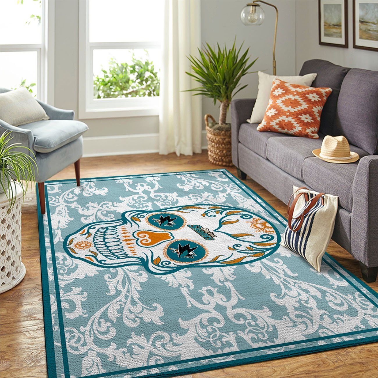 San Jose Sharks Nhl Team Logo Skull Flower Style Nice Gift Home Decor Rectangle Area Rug - Indoor Outdoor Rugs