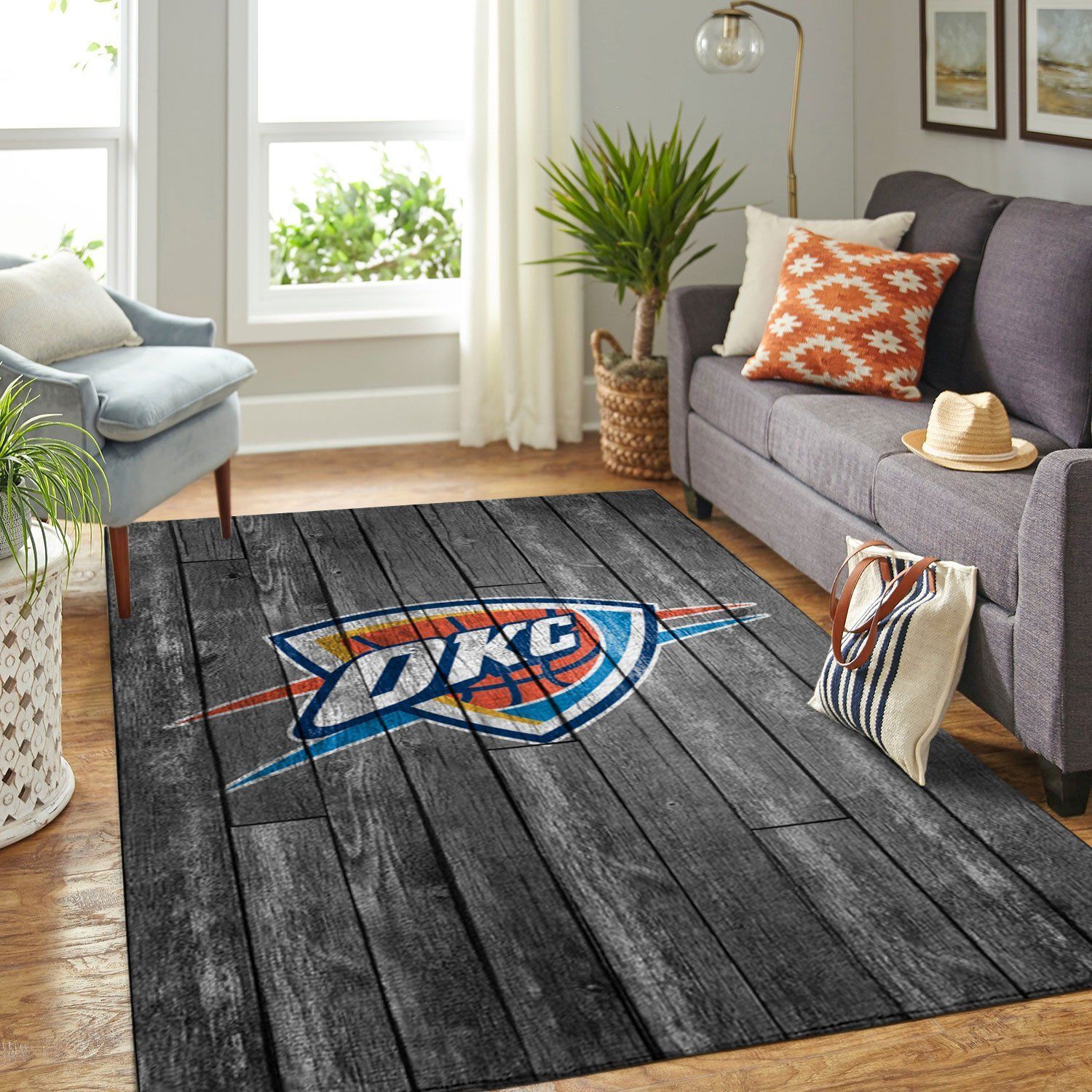 Oklahoma City Thunder Nba Team Logo Grey Wooden Style Nice Gift Home Decor Rectangle Area Rug - Indoor Outdoor Rugs