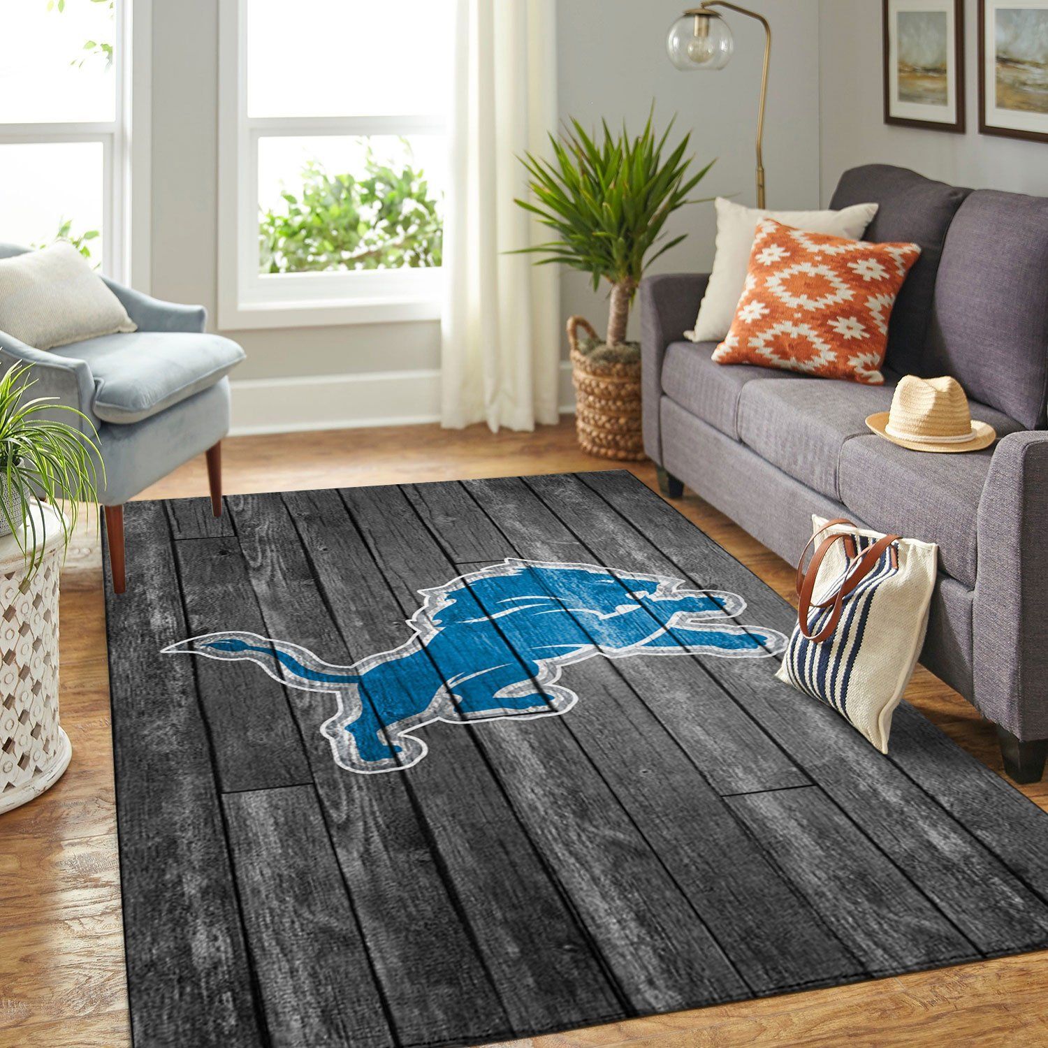 Detroit Lions Nfl Team Logo Grey Wooden Style Style Nice Gift Home Decor Rectangle Area Rug - Indoor Outdoor Rugs