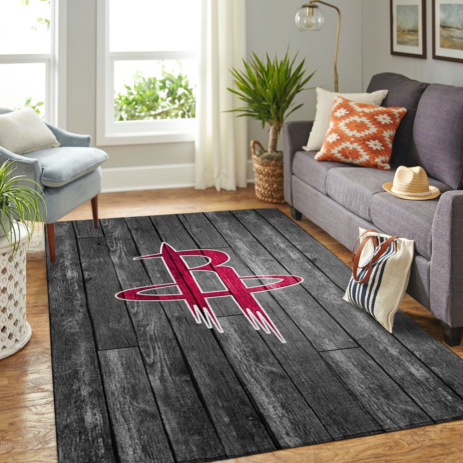 Houston Rockets Nba Team Logo Grey Wooden Style Nice Gift Home Decor Rectangle Area Rug - Indoor Outdoor Rugs