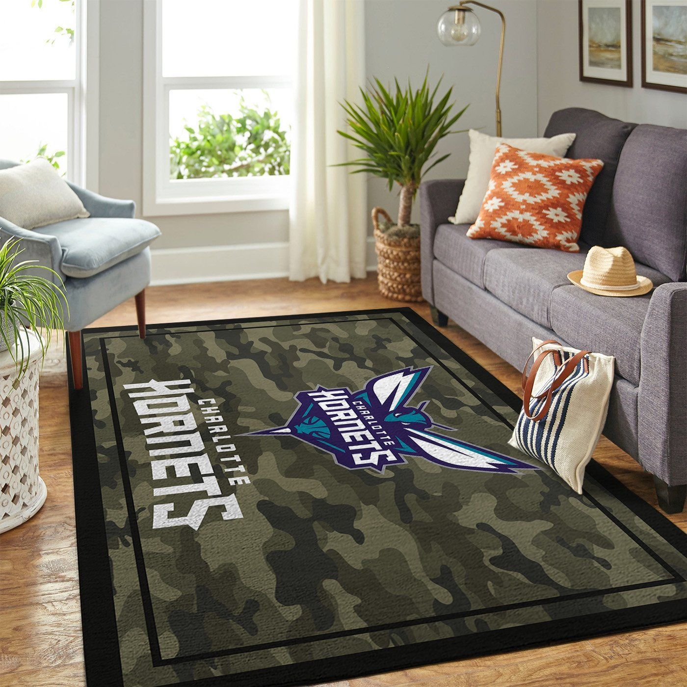 Charlotte Hornets Nba Team Logo Camo Style Nice Gift Home Decor Rectangle Area Rug - Indoor Outdoor Rugs