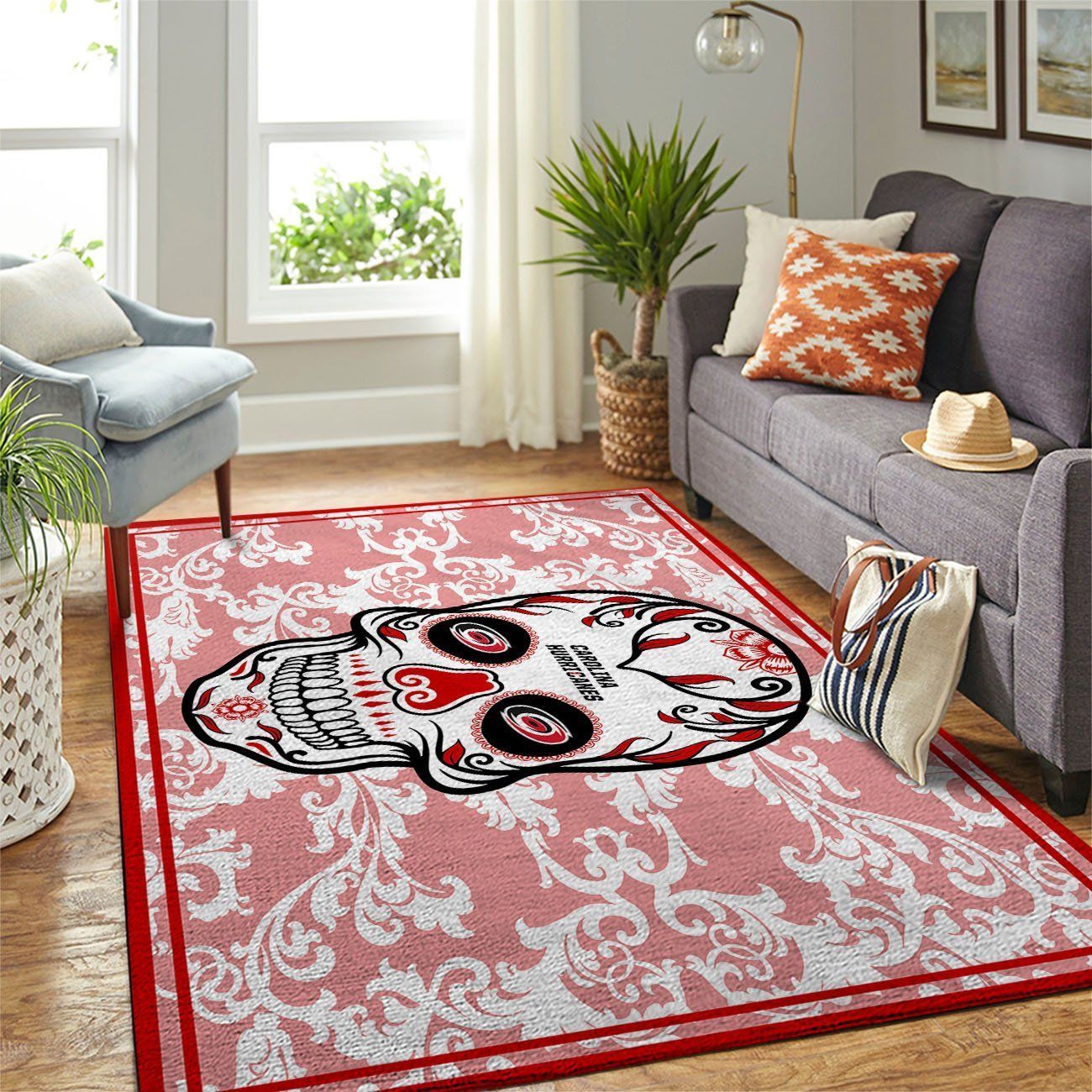 Carolina Hurricanes Nhl Team Logo Skull Flower Style Nice Gift Home Decor Rectangle Area Rug - Indoor Outdoor Rugs