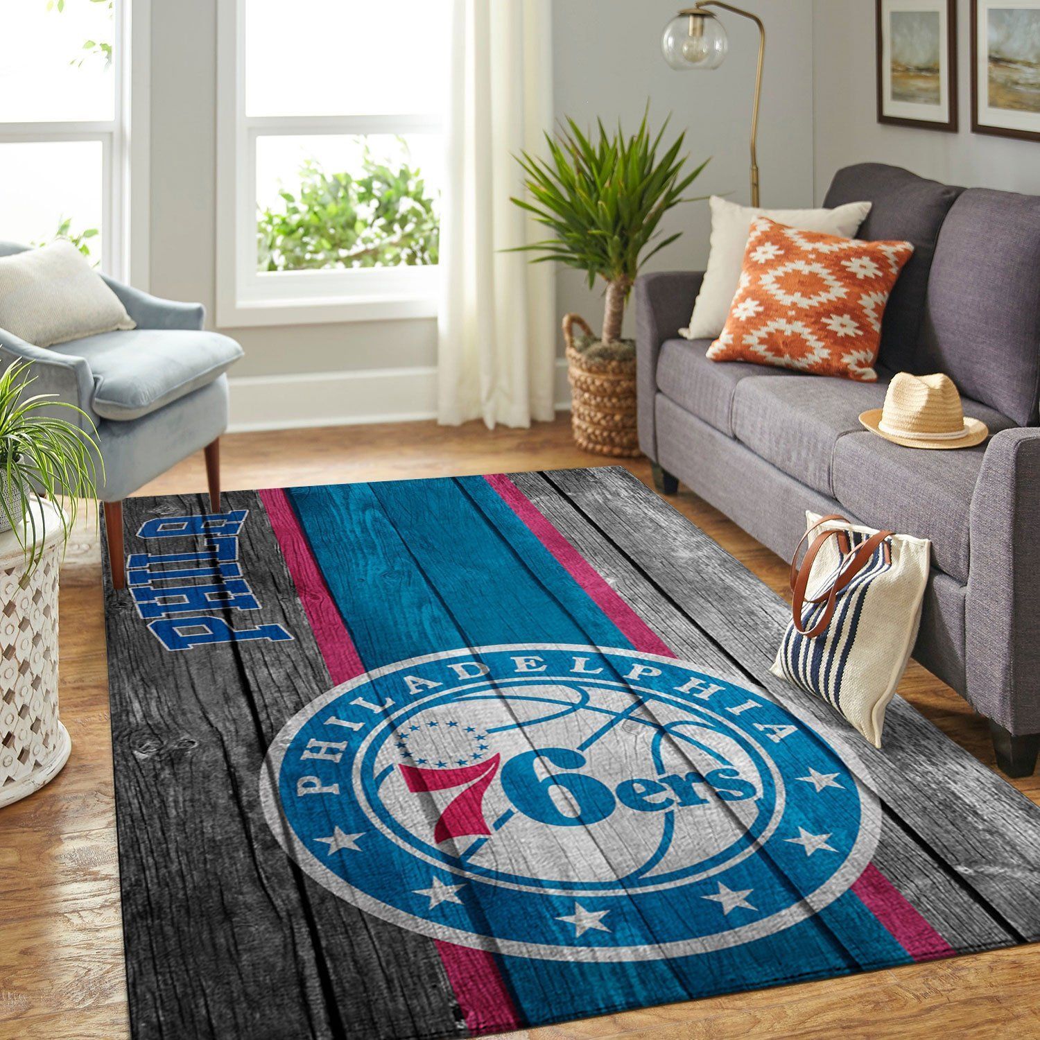 Philadelphia 76ers Nba Team Logo Wooden Style Nice Gift Home Decor Rectangle Area Rug - Indoor Outdoor Rugs