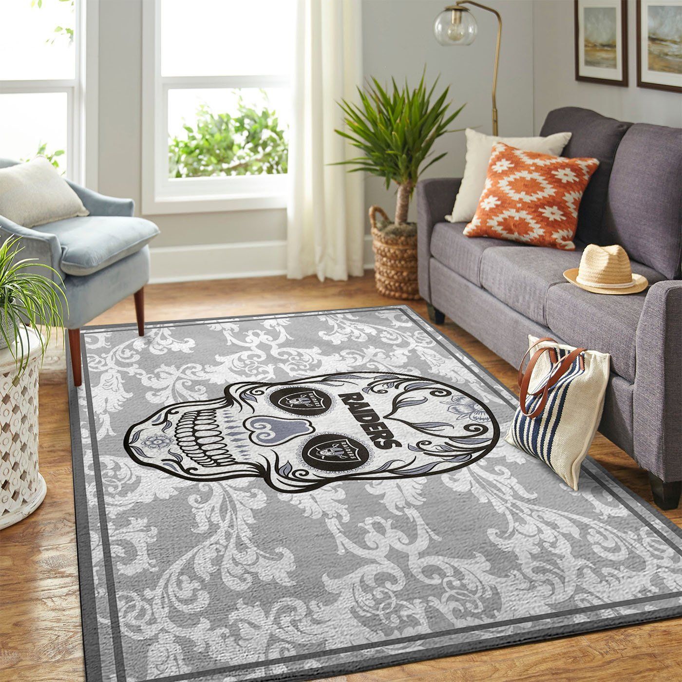 Oakland Raiders Nfl Team Logo Skull Flower Style Nice Gift Home Decor Rectangle Area Rug - Indoor Outdoor Rugs