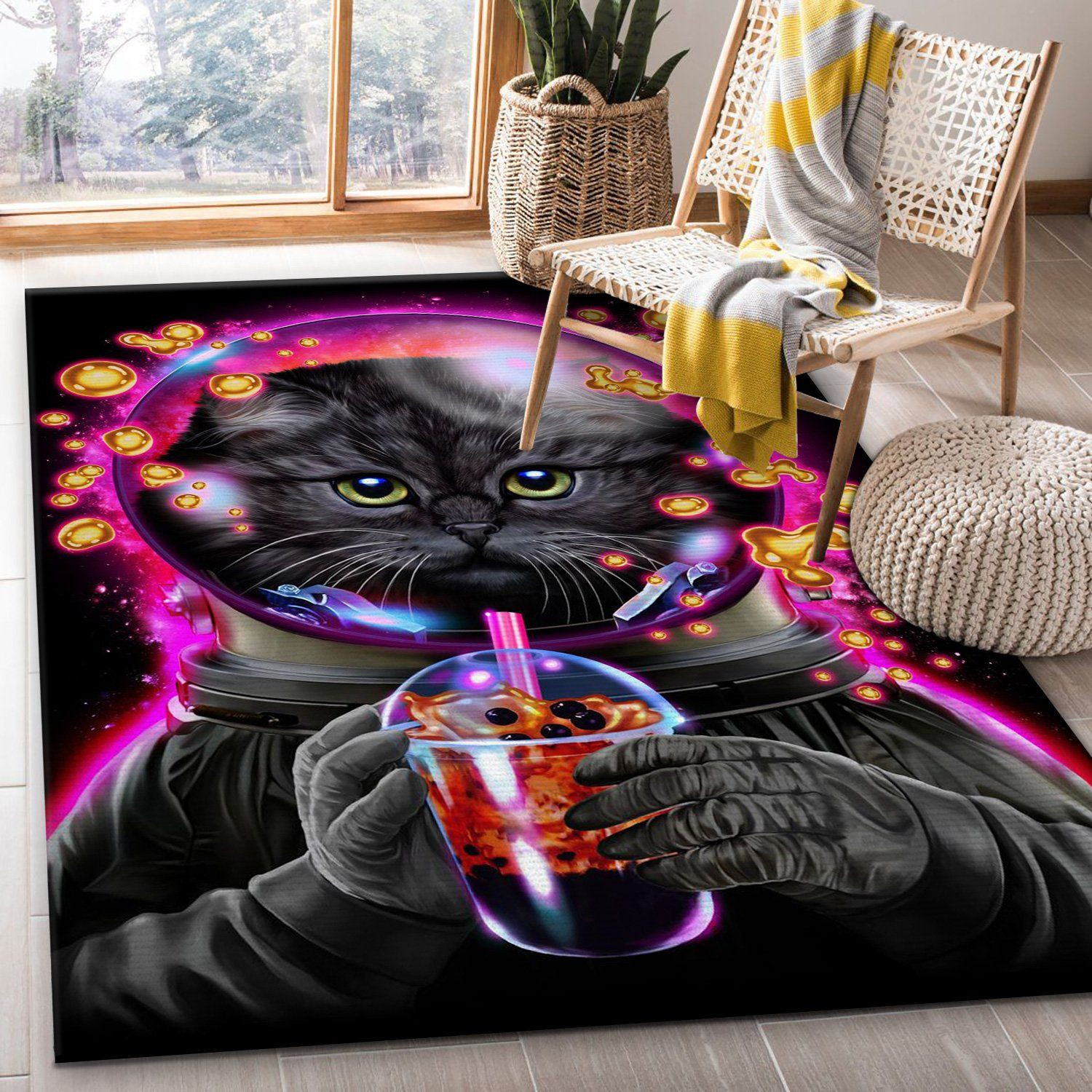 Astronaut Cat Bubble Tea Area Rug Bedroom US Gift Decor - Indoor Outdoor Rugs