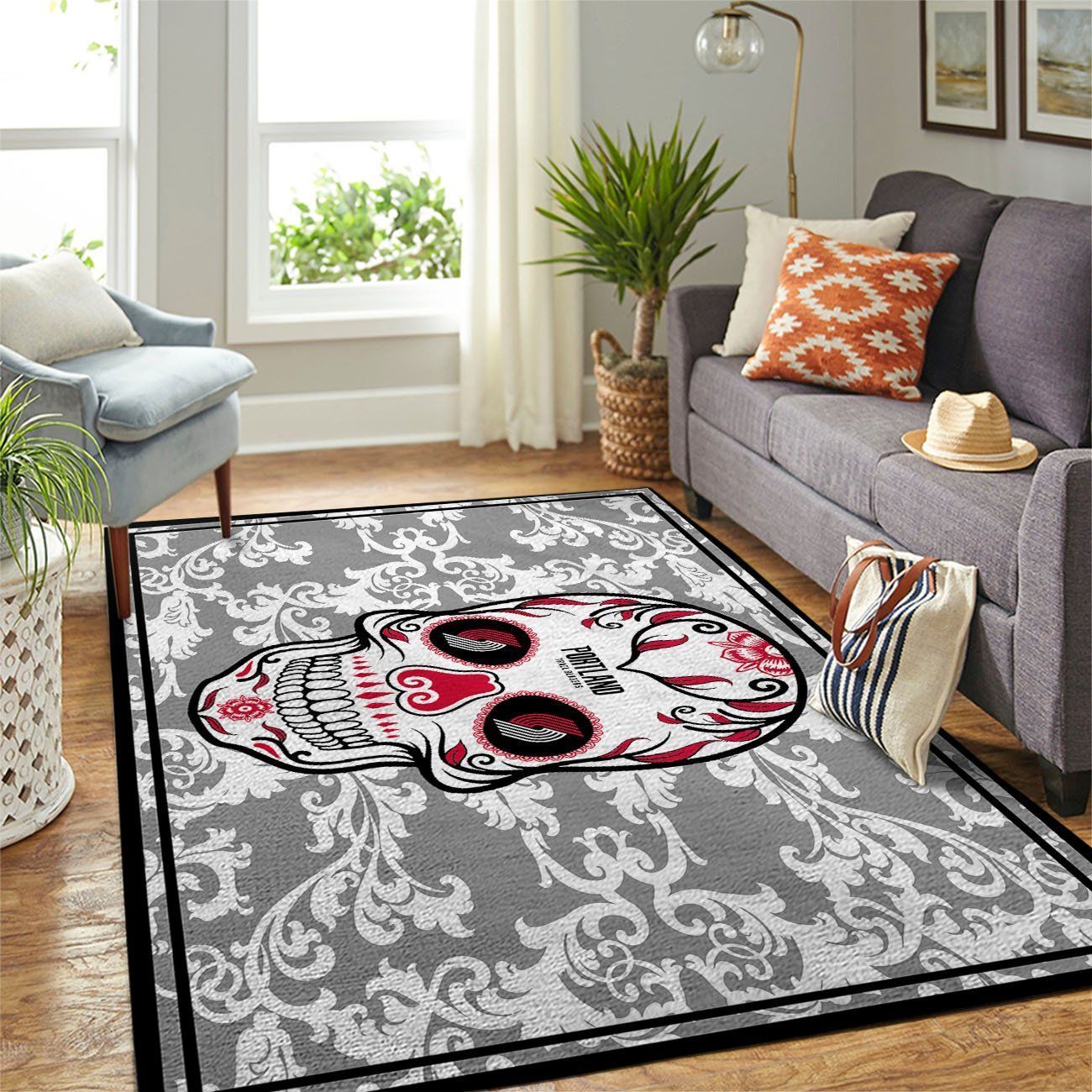 Portland Trailblazers Nba Team Logo Skull Flower Style Nice Gift Home Decor Rectangle Area Rug - Indoor Outdoor Rugs