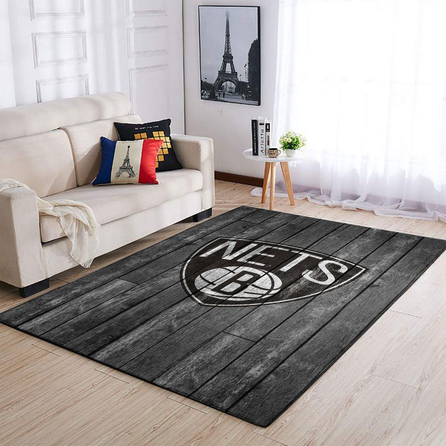 Brooklyn Nets Nba Team Logo Grey Wooden Style Nice Gift Home Decor Rectangle Area Rug - Indoor Outdoor Rugs